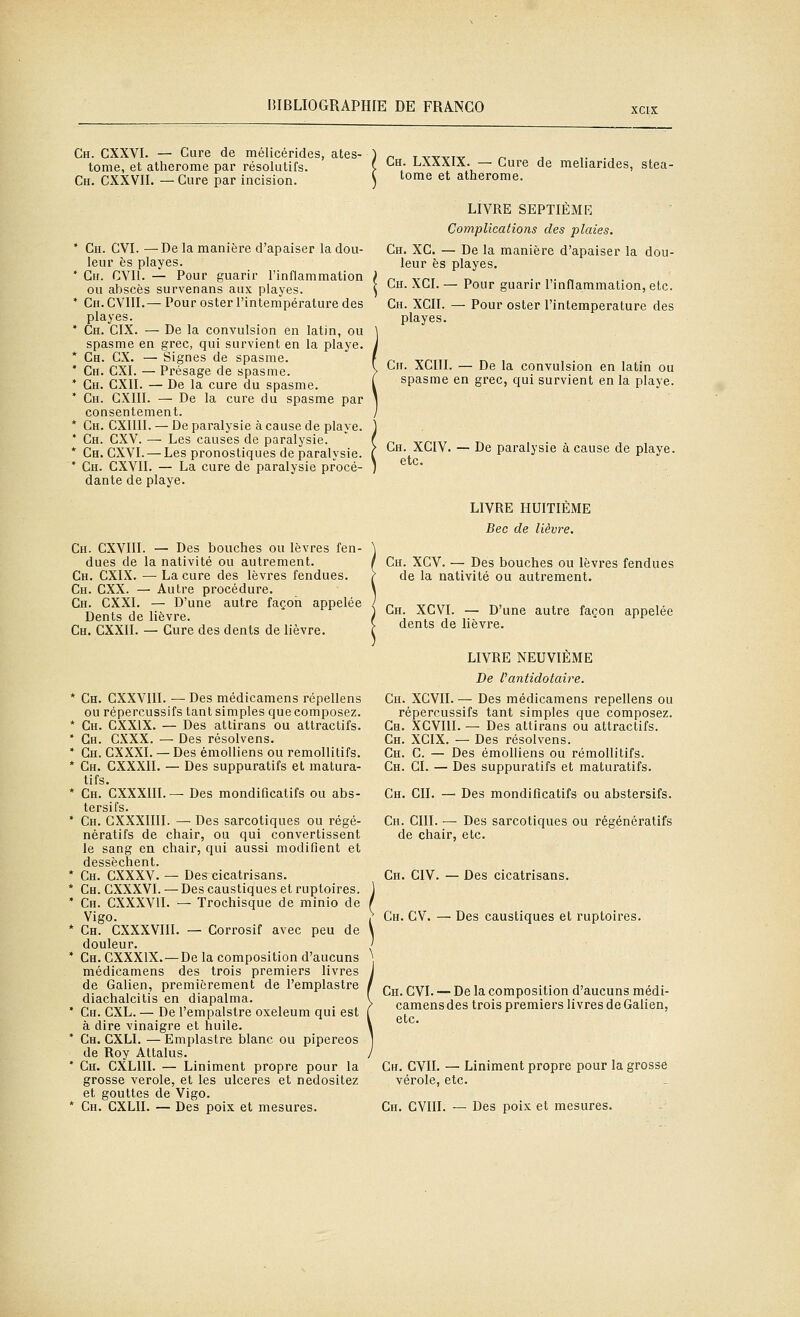 Ch. CXXVI. — Cure de mélicérides, ates- tome, et atherome par résolutifs. Ch. CXXVII. — Cure par incision. Ch. CVI. —De la manière d'apaiser la dou- leur es playes. Ch. CVIl. — Pour guarir l'inflammation ou abscès survenans aux playes. Ch. CVIII.— Pour oster l'intempérature des playes. Ch. CIX. — De la convulsion en latin, ou spasme en grec, qui survient en la playe. Ch. CX. — Signes de spasme. Ch. CXI. — Présage de spasme. Ch. CXII. — De la cure du spasme. Ch. GXIII. — De la cure du spasme par consentement. Ch. CXIIII. — De paralysie à cause de playe. Ch. CXV. — Les causes de paralysie. Ch. CXVI. — Les pronostiques de paralysie. Ch. CXVII. — La cure de paralysie procé- dante de playe. Ch. CXVIIL — Des bouches ou lèvres fen- dues de la nativité ou autrement. Ch. CXIX. —• La cure des lèvres fendues. Ch. CXX. — Autre procédure. Ch. CXXI. — D'une autre façon appelée Dents de lièvre. Ch. CXXIL — Cure des dents de lièvre. Ch. CXXVIII. —Des médicamens répellens ou répercussifs tant simples que composez. Ch. CXXIX. — Des attirans ou attractifs. Ch. CXXX. — Des résolvens. Gh. CXXXL — Des émolliens ou remollitifs. Ch. CXXXIL — Des suppuratifs et matura- tifs. Ch. CXXXin.— Des mondificatifs ou abs- tersifs. Ch. CXXXIIIL — Des sarcotiques ou régé- nèratifs de chair, ou qui convertissent le sang en chair, qui aussi modifient et dessèchent. Ch. CXXXV. — Des cicatrisans. Ch. CXXXVI. — Des caustiques et ruptoires. Ch. CXXXVIL — Trochisque de minio de Vigo. Ch. CXXXVIIL — Corrosif avec peu de douleur. Ch. CXXXIX. — De la composition d'aucuns médicamens des trois premiers livres de Galien, premièrement de l'emplastre diachalcitis en diapalma. Ch. CXL. — De l'empalstre oxeleum qui est à dire vinaigre et huile. Ch. CXLL — Emplastre blanc ou pipereos de Roy Attalus. Cu. CXLIII. — Liniment propre pour la grosse vérole, et les ulcères et nedositez et gouttes de Vigo. Ch. CXLIL — Des poix et mesures. Ch. LXXXIX. — Cure de meliarides, stea- tome et atherome. LIVRE SEPTIÈME Complications des plaies. Ch. XC. — De la manière d'apaiser la dou- leur es playes. Ch. XCI. — Pour guarir l'inflammation, etc. Ch. XCII. — Pour oster l'intempérature des playes. Ch. XCIII. — De la convulsion en latin ou spasme en grec, qui survient en la playe. Ch. XCIV. etc. De paralysie à cause de playe. LIVRE HUITIÈME Bec de lièvre. Ch. XCV. — Des bouches ou lèvres fendues de la nativité ou autrement. Ch. XCVI. — D'une autre façon appelée dents de lièvre. LIVRE NEUVIÈME De l'antidotaire. Ch. XCVII. — Des médicamens repellens ou répercussifs tant simples que composez. Ch. XCVIII. — Des attirans ou attractifs. Ch. XCIX. — Des résolvens. Ch. C. — Des émolliens ou remollitifs. Ch. ci. — Des suppuratifs et maturatifs. Ch. cil — Des mondificatifs ou abstersifs. Ch. cm. — Des sarcotiques ou régénératifs de chair, etc. Ch. CIV. — Des cicatrisans. Ch. CV. — Des caustiques et ruptoires. Ch. CVI. — De la composition d'aucuns médi- camens des trois premiers livres de Galien, etc. Ch. GVII. — Liniment propre pour la grosse vérole, etc. Ch. GVIII. — Des poix et mesures.