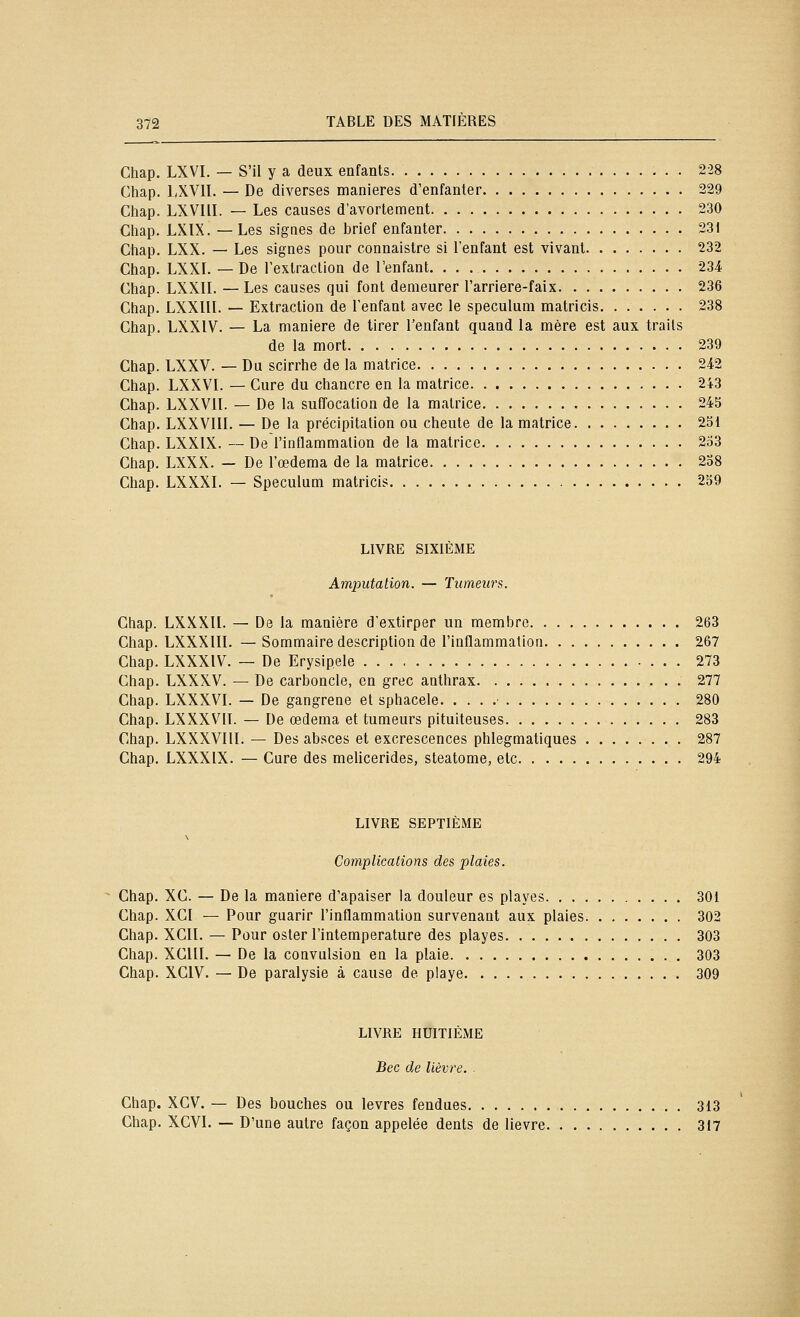 Chap. LXVI. — S'il y a deux enfants 228 Chap. LXVII. — De diverses manières d'enfanter 229 Chap. LXVIII. — Les causes d'avortement 230 Cliap. LXIX. —Les sigaes de brief enfanter 231 Chap. LXX. — Les signes pour connaistre si l'enfant est vivant 232 Chap. LXXL — De l'extraction de l'enfant 234 Chap. LXXIL — Les causes qui font demeurer l'arriere-faix 236 Chap. LXXIIL — Extraction de l'enfant avec le spéculum matricis 238 Chap. LXXIV. — La manière de tirer l'enfant quand la mère est aux traits de la mort 239 Chap. LXXV. — Du scirrhe de la matrice 242 Chap. LXXVL — Cure du chancre en la matrice 243 Chap. LXXVII. — De la suffocation de la matrice 245 Chap. LXXVIII. — De la précipitation ou cheute de la matrice 251 Chap. LXXIX. — De l'inflammation de la matrice 233 Chap. LXXX. — De l'œdema de la matrice 2o8 Chap. LXXXI. — Spéculum matricis 259 LIVRE SIXIEME Amputation. — Tumeurs. Chap. LXXXII. — De la manière d'extirper un membre 263 Chap. LXXXIII. — Sommaire description de l'inflammation 267 Chap. LXXXIV. — De Erysipele 273 Chap. LXXXV. — De carboncle, en grec anthrax 277 Chap. LXXXVI. — De gangrené et sphacele 280 Chap. LXXXVII. — De œdema et tumeurs pituiteuses 283 Chap. LXXXVllI. — Des absces et excrescences phlegmatiques 287 Chap. LXXXIX. — Cure des melicerides, steatome, etc 294 LIVRE SEPTIEME Complications des plaies. Chap. XC. — De la manière d'apaiser la douleur es playes 301 Chap. XCI — Pour guarir l'inflammation survenant aux plaies 302 Chap. XCIl. — Pour oster l'intemperature des playes 303 Chap. XCIII. — De la convulsion en la plaie 303 Chap. XCIV. — De paralysie à cause de playe 309 LIVRE HUITIÈME Bec de lièvre. Chap. XCV. — Des bouches ou lèvres fendues 313 Chap. XCVI. — D'une autre façon appelée dents de lièvre 317