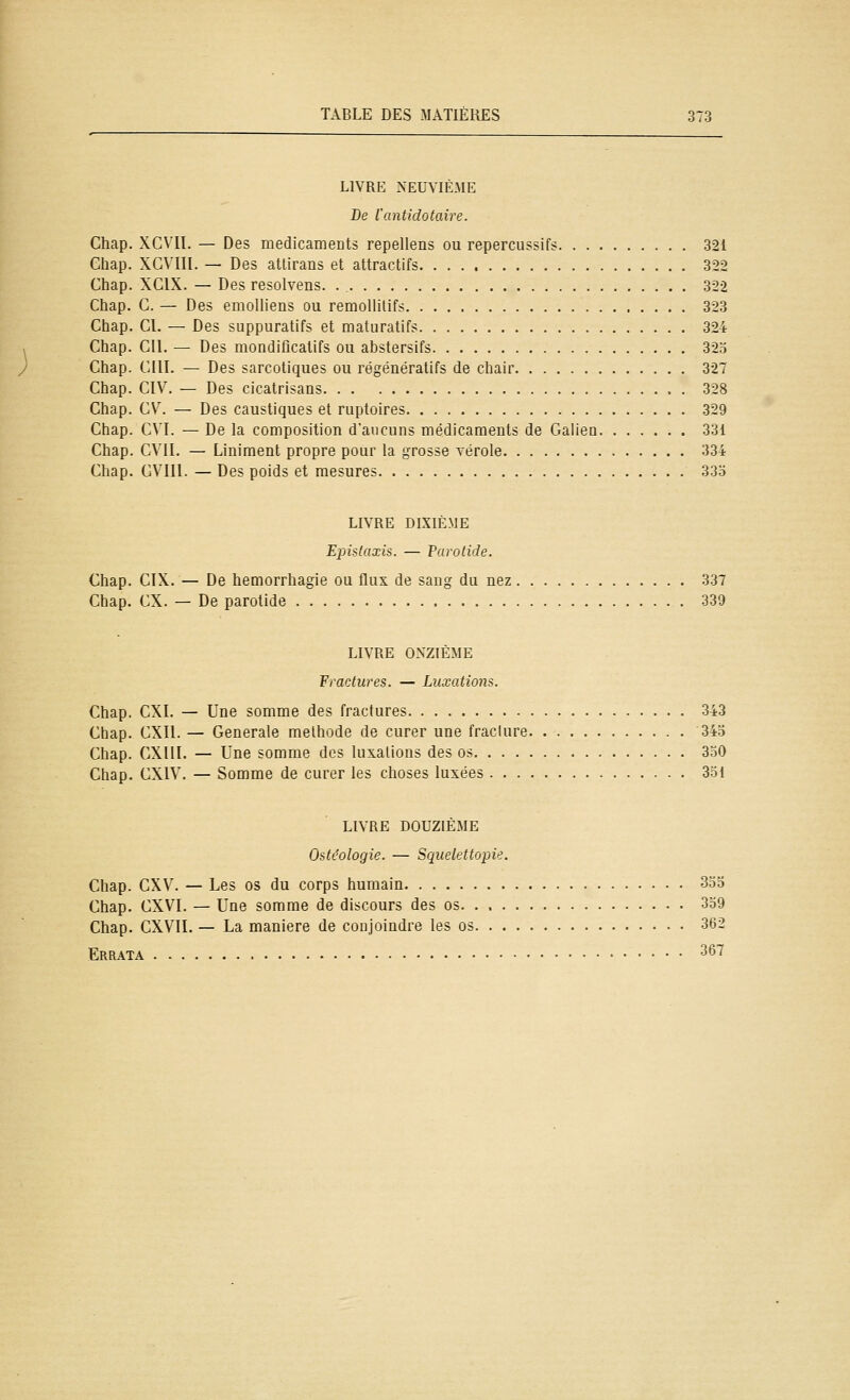 LIVRE NEUVIÈME De l'antidotoÀre. Ghap. XCVn. — Des médicaments repellens ou repercussifs 321 Ghap. XCVIH. — Des attirans et attractifs 322 Ghap. XGIX. — Des resolvens. 322 Chap. G. — Des emolliens ou remollilifs 323 Ghap. CL — Des suppuratifs et raaturatifs 324 Ghap. CIL — Des mondificatifs ou abstersifs 323 Ghap. CIIL — Des sarcotiques ou régénératifs de chair 327 Ghap. CIV. — Des cicatrisans 328 Chap. C\\ — Des caustiques et ruptoires 329 Ghap. CVL — De la composition d'ancuns médicaments de Galien 331 Ghap. CVII. — Liniment propre pour la grosse vérole 334 Ghap. GVIIL — Des poids et mesures 335 LIVRE DIXIÈME Epislaxis. — Parotide. Ghap. GIX. — De hemorrhagie ou flux de sang du nez 337 Ghap. GX. — De parotide 339 LIVRE ONZIÈME Fractures. — Luxations. Ghap. GXL — Une somme des fractures 343 Ghap. GXIL — Générale méthode de curer une fracture 343 Ghap. GXIIL — Une somme des luxations des os 330 Chap. CXIV. — Somme de curer les choses luxées 331 LIVRE DOUZIÈME Ostéologie. — Squelettopk. Ghap. CXV. — Les os du corps humain 333 Ghap. GXVL — Une somme de discours des os 339 Ghap. CXVIL — La manière de conjoindre les os 362 Errata 367