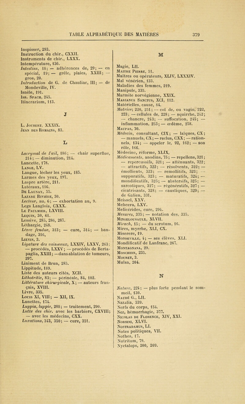 Inspisser, 293. Instruction du chir., CXXIL Instruments de chir., LXXX. Intempérature, 136. Intestins, 18; — adhérences de, 29; — en spécial, 19; — grêle, plaies, XXIII; — gros, 20. Introduction de G. de Chauliac, III; — de Mondeville, IV. Isnèle, 191. IsR. Spach, 243. Itincrarium, H3. L. JOUBERT, XXXIX. Jean des Romains, 83. Lacrymal de l'œil, 186; — chair superflue, 214; — diminution, 214. Lancette, 118. Lange, LV. Langue, lécher les yeux, 185. Larmes des yeux, 197. Laspre artère, 211. Latéraux, 116. De LauiNay, 55. Lazare Rivière, 30. Lecteur, au, 6; — exhortation au, 9. Legs Langlois, CXXX. Le Paulmier, LXVIII. Lequin, 30, 61. Lessive, 283, 286, 287. Léthargie, 248. Lèvre fendue, 313; — cure, 314; — ban- dage, 316, LlEVlN, 3. Ligature des vaisseaux, LXXIV, LXXV, 263 ; — procédés, LXXV; — procédés de Berta- paglia, XXIII; —dansablation de tumeurs, 297. Liniment de Brun, 283. Lippitude, 189. Liste des auteurs cités, XCII. Lithotritie, 83; — périnéale, 84, 102. Littérature chirurgicale, X; — auteurs fran- çais, XVIII. Livre, 335. Louis XI, VIII; —XII, IX. Lunettes, 174. Luppia, luppie, 288; — traitement, 290. Lutte des chir. avec les barbiers, CXVIII; — avec les médecins, CXX. Luxations, diZ, 350; — cure, 351. M Magie, LIL Maître Pierre, 31. Maîtres ou opérateurs, XLIV, LXXXIV. Mal vénérien, 133. Maladies des femmes, 219. Manipule, 335. Marmite norvégienne, XXIX. Marianus Sanctus, XCI, 112. Matérielles, cause, 84. Matrice; 220, 231 ; — col de, ou vagin, 222, 223; —cellules de, 228; — squirrhe, 242; — chancre, 243; — suffocation, 245; — inflammation, 253; — œdème, 258. Maupas, 30. Médecin, consultant, CIX; — laïques, CX ; — manuels, CX ; — reclus, CXX ; — ration- nels, 134; — appeler le, 92, 162; —son rôle, 166. Médecine, réforme, XLIX, Médicaments, anodins, 75; — repellens, 321; — repercussifs, 321; — atténuants, 322; — attractifs, 322; — résolvents, 322; — émollients, 323; — remoUitifs, 323; — suppuratifs, 323; — maturatifs, 324; — mondificatifs, 323; — abstersifs, 325; — sarcotiques, 327; — régénératifs, 327; — cicatrisants, 328; — caustiques, 329; — de Galien, 331. Meissel, XXV. Melicera, LXV. Melicérides, cure, 294. Mesures, 335; — notation des, 335. Ml.\GELOUSAULX, XLVII. Mirach, 15; — du scrotum, 16. Mires, myrrhe, XLI, CX. Miserere, 19. Mondeville, 4; — ses élèves, XLI. Mondificatif de Lanfranc, 267. Montagnana, 29. MoscHiON, 233. Mouret, 3. Mulsa, 204. N Nature, 224; — plus forte pendant le som- meil, 130. naddé g., lu. Nazdlia, 339. Nerfs du corps, 154. Nez, hémorrhagie, 377. Nicolas de Florence, XIV, XXI. NoRsiNi, XLVI. NOSTRADAMUS, LI. Notes politiques, VIL Nothes, 17. Nutritum, 79. Nyctalops, 200, 209.