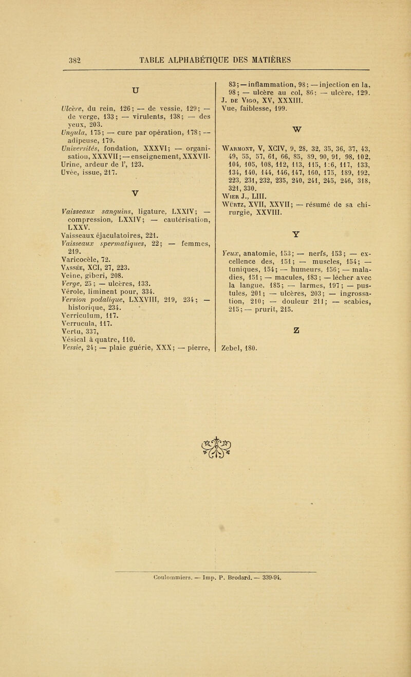 U Ulcère, du rein, 126; — de vessie, 129; — de verge, 133; — virulents, 138; — des yeux, 203. Ungula, 175; — cure par opération, 178; — adipeuse, 179. Universités, fondation, XXXVI; — organi- sation, XXXVII ; — enseignement, XXXVII- Urine, ardeur de 1', 123. Uvée, issue, 217. Vaisseaux sanguins, ligature, LXXIV; — compression, LXXIV; — cautérisation, LXXV. Vaisseaux éjaculatoires, 221. Vaisseaux spertnatiques, 22; — femmes, 219. Varicocèle, 72. Vassée, XGI, 27, 223. Veine, giberi, 208. Verge, 23 ; — ulcères, 133. Vérole, liminent pour, 334. Version podaiique, LXXVIII, 219, 234; — historique, 234. Verriculum, 117. Verrucula, 117. Vertu, 337, Vésical à quatre, 110. Vessie, 24; — plaie guérie, XXX; — pierre. 83; —inflammation, 98; —injection en la, 98; — ulcère au col, 86; — ulcère, 129. J. DE ViGO, XV, XXXIII. Vue, faiblesse, 199. W Warmont, V, XGIV, 9, 28, 32, 35, 36, 37, 43, 49, 53, 57, 61, 66, 83, 89, 90, 91, 98, 102, 104, 105, 108, 112, 113, 113, 1:6, 117, 133, 134, 140, 144, 146,147, 160, 173, 189, 192, 223, 231,232, 235, 240, 241, 243, 246, 318, 321, 330. WlER J., LUI. WcRTz, XVII, XXVII; — résumé de sa chi- rurgie, XXVIII. Veux, anatomie, 153; — nerfs, 153; — ex- cellence des, 131; — muscles, 154; — tuniques, 154; — humeurs, 136; — mala- dies, 151 ; — macules, 183 ; — lécher avec la langue, 185; — larmes, 197; —pus- tules, 201; — ulcères, 203; — ingrossa- tion, 210; — douleur 211; — scabies, 213;— prurit, 215. Z Zebel, 180. Coulommiers. — Imp. P. Brodard.— 339-94.