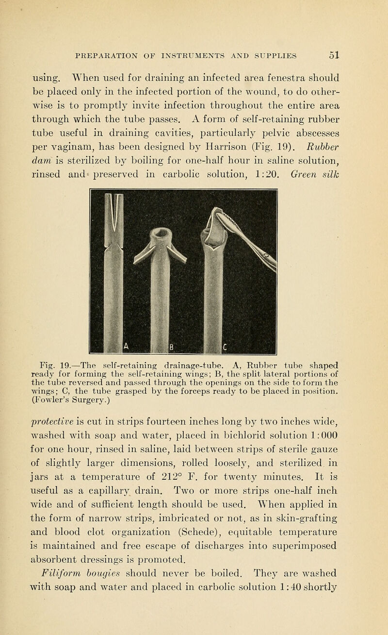 using. When used for draining an infected area fenestra should be placed only in the infected portion of the wound, to do other- wise is to promptly invite infection throughout the entire area through which the tube passes, A form of self-retaining rubber tube useful in draining cavities, particularly pelvic abscesses per vaginam, has been designed by Harrison (Fig. 19). Rubber dam is sterilized by boiling for one-half hour in saline solution, rinsed and ^ preserved in carbolic solution, 1:20, Green silk Fig. 19.—The self-retaining drainage-tube. A, Rubber tube shaped ready for forming the self-retaining wings; B, the spUt lateral portions of the tube reversed and passed through the openings on the side to form the wings; C, the tube grasped by the forceps ready to be placed in position. (Fowler's Surgery.) protective is cut in strips fourteen inches long by two inches wide, washed with soap and water, placed in bichlorid solution 1: 000 for one hour, rinsed in saline, laid between strips of sterile gauze of slightly larger dimensions, rolled loosely, and sterilized, in jars at a temperature of 212° F. for twenty minutes. It is useful as a capillary drain. Two or more strips one-half inch wide and of sufficient length should be used. When applied in the form of narrow strips, imbricated or not, as in skin-grafting and blood clot organization (Schede), equitable temperature is maintained and free escape of discharges into superimposed absorbent dressings is promoted. Filiform bougies should never be boiled. They are washed with soap and water and placed in carbolic solution 1: 40 shortly