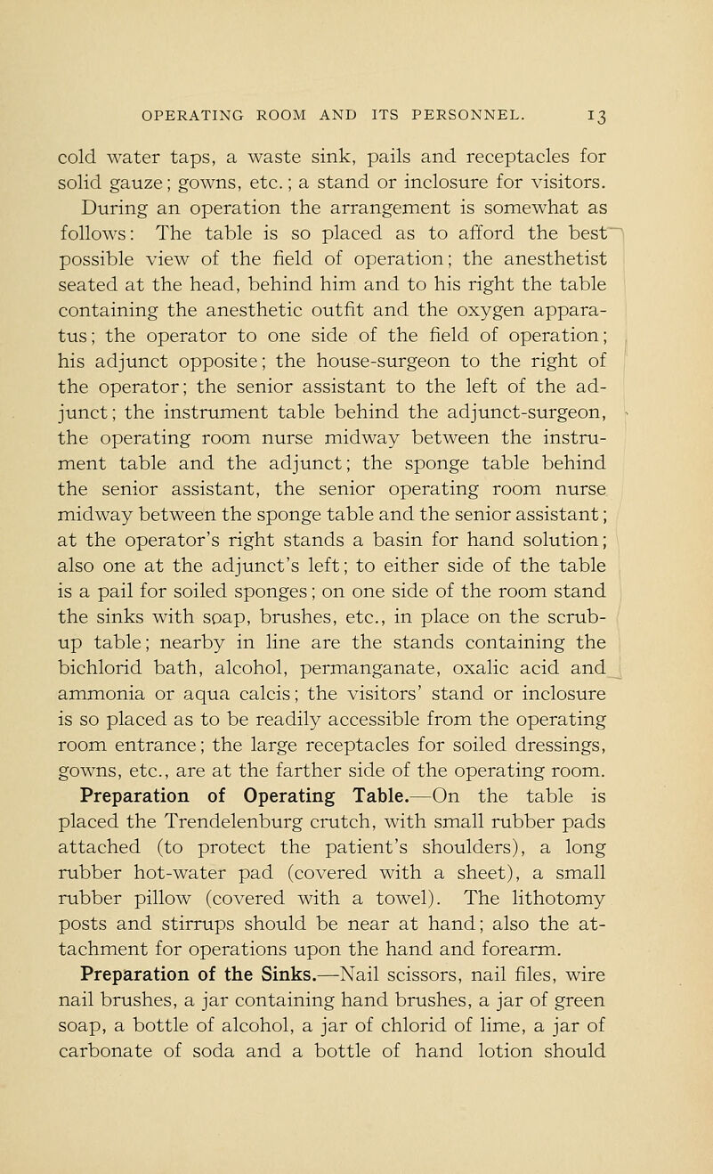 cold water taps, a waste sink, pails and receptacles for solid gauze; gowns, etc.; a stand or inclosure for visitors. During an operation the arrangement is somewhat as follows: The table is so placed as to afford the best possible view of the field of operation; the anesthetist seated at the head, behind him and to his right the table containing the anesthetic outfit and the oxygen appara- tus ; the operator to one side of the field of operation; his adjunct opposite; the house-surgeon to the right of the operator; the senior assistant to the left of the ad- junct; the instrument table behind the adjunct-surgeon, the operating room nurse midway between the instru- ment table and the adjunct; the sponge table behind the senior assistant, the senior operating room nurse raidway between the sponge table and the senior assistant; at the operator's right stands a basin for hand solution; also one at the adjunct's left; to either side of the table is a pail for soiled sponges; on one side of the room stand the sinks with soap, brushes, etc., in place on the scrub- up table; nearby in line are the stands containing the bichlorid bath, alcohol, permanganate, oxalic acid and ammonia or aqua calcis; the visitors' stand or inclosure is so placed as to be readily accessible from the operating room entrance; the large receptacles for soiled dressings, gowns, etc., are at the farther side of the operating room. Preparation of Operating Table.—On the table is placed the Trendelenburg crutch, with small rubber pads attached (to protect the patient's shoulders), a long rubber hot-water pad (covered with a sheet), a small rubber pillow (covered with a towel). The lithotomy posts and stirrups should be near at hand; also the at- tachment for operations upon the hand and forearm. Preparation of the Sinks.—Nail scissors, nail files, wire nail brushes, a jar containing hand brushes, a jar of green soap, a bottle of alcohol, a jar of chlorid of lime, a jar of carbonate of soda and a bottle of hand lotion should