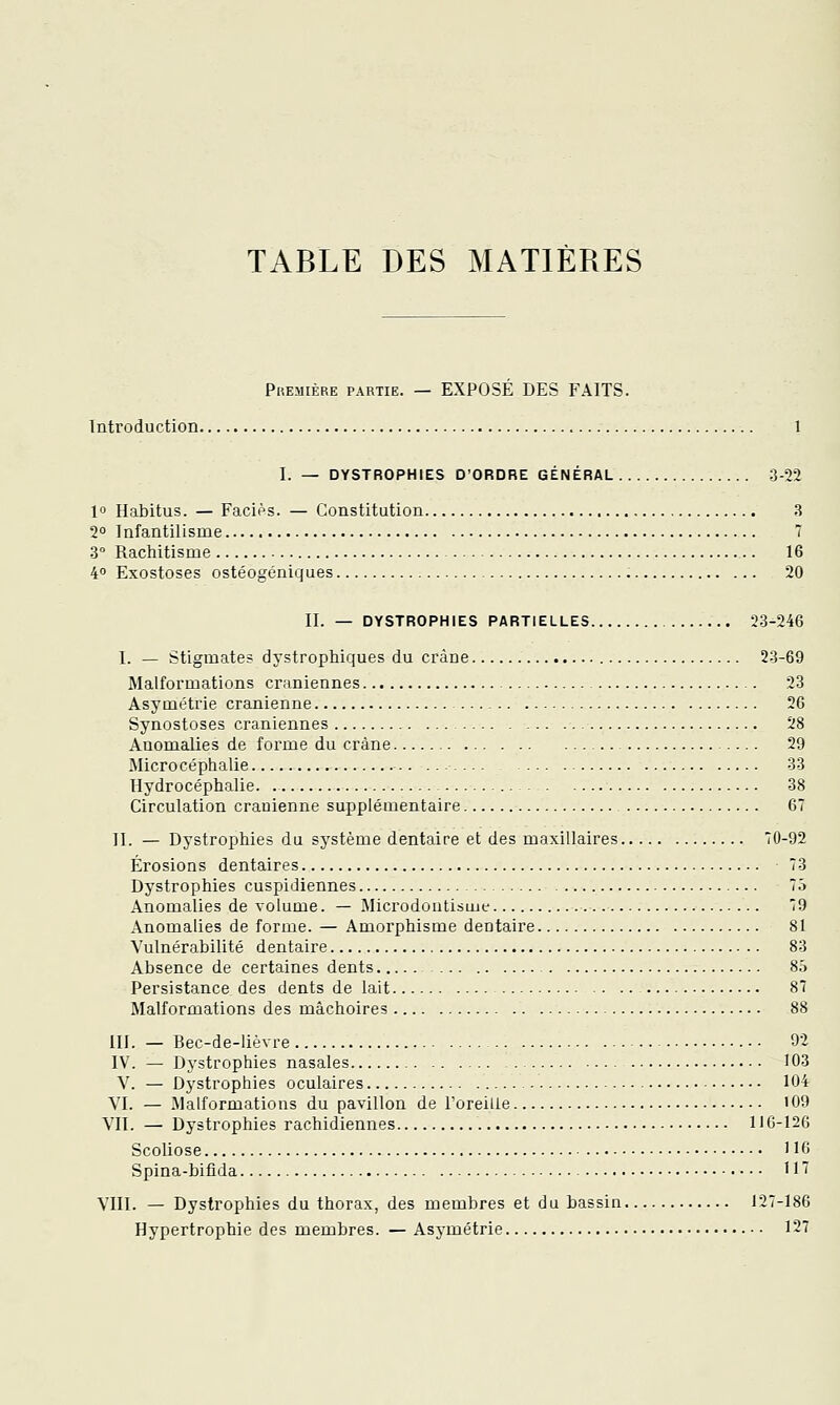 Première partie. — EXPOSE DES FAITS. Introduction 1 1. — DYSTROPHIES D'ORDRE GÉNÉRAL 3-22 1° Habitus. — Faciès. — Constitution 3 2° Infantilisme 7 3° Rachitisme 16 4 Exostoses ostéogéniques 20 II. — DYSTROPHIES PARTIELLES 23-246 I. — Stigmates dystrophiques du crâne 2-3-69 Malformations crâniennes 23 Asymétrie crânienne 26 Synostoses crâniennes 28 Anomalies de forme du crâne 29 Micro céphalie 33 Hydrocéphalie. 38 Circulation crânienne supplémentaire 67 II. — Dystrophies du système dentaire et des maxillaires 70-92 Érosions dentaires 73 Dystrophies cuspidiennes 75 Anomalies de volume. — Microdoutisme 79 Anomalies de forme. — Amorphisme dentaire 81 Vulnérabilité dentaire 83 Absence de certaines dents 85 Persistance des dents de lait 87 Malformations des mâchoires 88 III. — Bec-de-lièvre 92 IV. — Dystrophies nasales 103 Y. — Dystrophies oculaires 104 VI. — Malformations du pavillon de Poreille '09 VIL — Dystrophies rachidiennes llG-126 Scoliose 116 Spina-bifida 117 VIII. — Dystrophies du thorax, des membres et du bassin 127-186 Hypertrophie des membres. — Asymétrie 127
