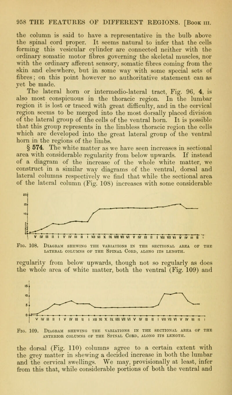 the column is said to have a representative in the bulb above the spinal cord proper. It seems natural to infer that the cells forming this vesicular cylinder are connected neither with the ordinary somatic motor fibres governing the skeletal muscles, nor with the ordinary afferent sensory, somatic fibres coming from the skin and elsewhere, but in some way with some special sets of fibres; on this point however no authoritative statement can as yet be made. The lateral horn or intermedio-lateral tract. Fig. 96, 4, is also most conspicuous in the thoracic region. In the lumbar region it is lost or traced with gi-eat diflSculty, and in the cervical region seems to be merged into the most dorsally placed division of the lateral group of the cells of the ventral horn. It is possible that this group represents in the limbless thoracic region the cells which are developed into the great lateral group of the ventral horn in the regions of the limbs. § 574. The white matter as we have seen increases in sectional area with considerable regularity from below upwards. If instead of a diagram of the increase of the whole white matter, we construct in a similar way diagrams of the ventral, dorsal and lateral columns respectively we find that while the sectional area of the lateral column (Fig. 108) increases with some considerable V IV III II I V IV III II I XII XI X IX VHI VII Vi V W III II I VIII VII VI V IV III n I Fig. 108. Diagram shewing the variations in the sectional area of the LATERAL COLUMNS OF THE SpINAL CoRD, ALONG ITS LENGTH. regularity from below upwards, though not so regularly as does the whole area of white matter, both the ventral (Fig. 109) and I V IV III II I V IV III II I XI XII XI X IX VIII VII VI V IV I VIII VII VI V IV Fig. 109. Diagram shewing the variations in the sectional area of the anterior columns of the spinal cobd, along its length. the dorsal (Fig. 110) columns agree to a certain extent with the grey matter in shewing a decided increase in both the lumbar and the cervical swellings. We may, provisionally at least, infer from this that, while considerable portions of both the ventral and