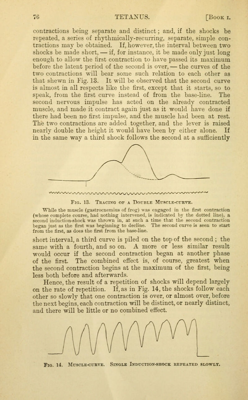 TETANUS. [Book i. contractions being separate and distinct; and, if the shocks be repeated, a series of rhythmically-recurring, separate, simple con- tractions may be obtained. If, however, the interval between two shocks be made short, — if, for instance, it be made only just long enough to allow the first contraction to have passed its maximum before the latent period of the second is over, — the curves of the two contractions will bear some such relation to each other as that shewn in Fig. 13. It will be observed that the second curve is almost in all respects like the first, except that it starts, so to speak, from the first curve instead of from the base-line. The second nervous impulse has acted on the already contracted muscle, and made it contract again just as it would have done if there had been no first impulse, and the muscle had been at rest. The two contractions are added together, and the lever is raised nearly double the height it would have been by either alone. If in the same way a third shock follows the second at a sufficiently Fig. 13. Tracing of a Double Muscle-curte. Wriile the muscle (gastrocnemius of frog) was engaged in the first contraction (whose complete course, had nothing intervened, is indicated by the dotted line), a second induction-shock was thrown in, at such a time that the second contraction began just as the first was beginning to decline. The second curve is seen to start from the first, as does the first from the base-line. short interval, a third curve is piled on the top of the second ; the same with a fourth, and so on. A more or less similar result would occur if the second contraction began at another phase of the first. The combined effect is, of course, greatest when the second contraction begins at the maximum of the first, being less both before and afterwards. Hence, the result of a repetition of shocks will depend largely on the rate of repetition. If, as in Fig. 14, the shocks follow each other so slowly that one contraction is over, or almost over, before the next begins, each contraction will be distinct, or nearly distinct, and there will be little or no combined effect. Fig. 14. Muscle-curve. Single Induction-shock repeated slowly.