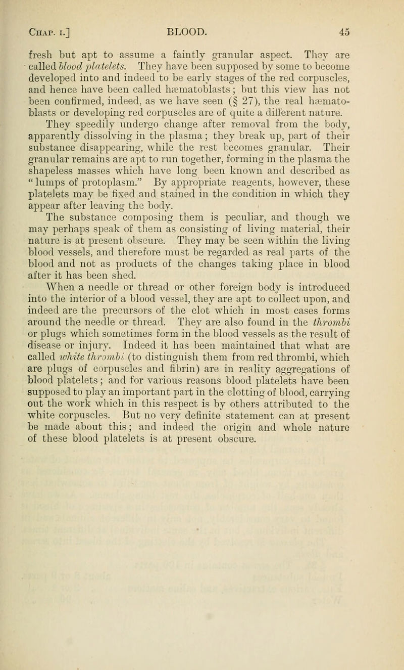 fresh but apt to assume a faintly granular aspect. They are called blood platelets. They have been supposed by some to become developed into and indeed to be early stages of the red corpuscles, and hence have been called hsematoblasts; but this view has not been confirmed, indeed, as we have seen (§ 27), the real ha?mato- blasts or developing red corpuscles are of quite a different nature. They speedily undergo change after removal from the body, apparently dissolving in the plasma; they break up, part of their substance disappearing, while the rest becomes granular. Their granular remains are apt to run together, forming in the plasma the shapeless masses which have long been known and described as  lumps of protoplasm. By appropriate reagents, however, these platelets may be fixed and stained in the condition in which they appear after leaving the body. The substance composing them is peculiar, and though we may perhaps speak of them as consisting of living material, their nature is at present obscure. They may be seen within the living blood vessels, and therefore must be regarded as real parts of the blood and not as products of the changes taking place in blood after it has been shed. When a needle or thread or other foreign body is introduced into the interior of a blood vessel, they are apt to collect upon, and indeed are the precursors of the clot which in most cases forms around the needle or thread. They are also found in the thromhi or plugs which sometimes form in the blood vessels as the result of disease or injury. Indeed it has been maintained that what are called lohite thromhi (to distinguish them from red thrombi, which are plugs of corpuscles and fibrin) are in reality aggregations of blood platelets; and for various reasons blood platelets have been supposed to play an important part in the clotting of blood, carrying out the work which in this respect is by others attributed to the white corpuscles. But no very definite statement can at present be made about this; and indeed the origin and whole nature of these blood platelets is at present obscure.