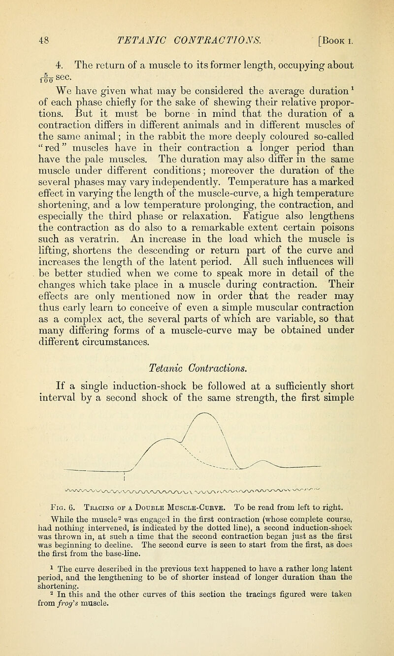 4. The return of a muscle to its former length, occupying about We have given what may be considered the average duration ^ of each phase chiefly for the sake of shewing their relative propor- tions. But it must be borne in mind that the duration of a contraction diiffers in different animals and in different muscles of the same animal; in the rabbit the more deeply coloured so-called red muscles have in their contraction a longer period than have the pale muscles. The duration may also differ in the same muscle under different conditions; moreover the duration of the several phases may vary independently. Temperature has a marked effect in varying the length of the muscle-curve, a high temperature shortening, and a low temperature prolonging, the contraction, and especially the third phase or relaxation. Fatigue also lengthens the contraction as do also to a remarkable extent certain poisons such as veratrin. An increase in the load which the muscle is lifting, shortens the descending or return part of the curve and increases the length of the latent period. All such influences will be better studied when we come to speak more in detail of the changes which take place in a muscle during contraction. Their effects are only mentioned now in order that the reader may thus early learn to conceive of even a simple muscular contraction as a complex act, the several parts of which are variable, so that many differing forms of a muscle-curve may be obtained under different circumstances. Tetanic Contractions. If a single induction-shock be followed at a sufficiently short interval by a second shock of the same strength, the first simple Fig. 6. Teacing op a Double Muscle-Cueve. To be read from left to right. While the muscle^ was engaged in the first contraction (whose conaplete course, had nothing intervened, is indicated by the dotted line), a second induction-shock was thrown in, at such a time that the second contraction began just as the first was beginning to decline. The second curve is seen to start from the first, as does the first from the base-line. ^ The curve described in the previous text happened to have a rather long latent period, and the lengthening to be of shorter instead of longer duration than the shortening. ^ In this and the other curves of this section the tracings figured were taken from frog's muscle.