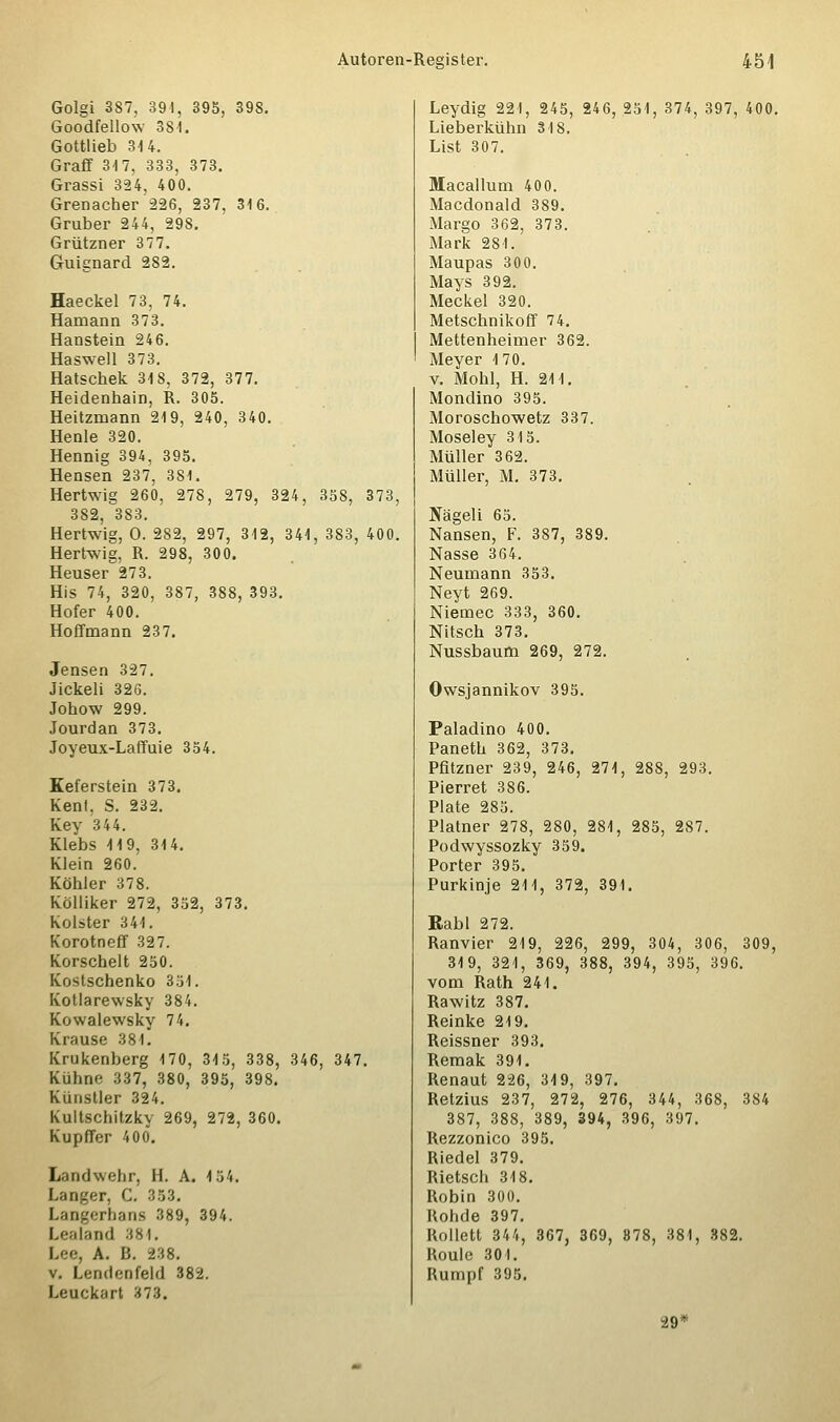 Golgi 387, 391, 395, 398. Goodfellow 381. Gottlieb 314. Graft 317, 333, 373. Grassi 324, 400. Grenadier -226, 237, 316. Gruber 244, 298. Grützner 377. Guignard 282. Haeckel 73, 74. Hamann 373. Hanstein 246. Haswell 373. Hatschek 318, 372, 377. Heidenbain, R. 305. Heitzmann 219, 240, 340. Henle 320. Hennig 394, 395. Hensen 237, 381. Hertwig 260, 278, 279, 324, 358, 373, 382, 383. Hertwig, O. 282, 297, 312, 341, 383, 400. Hertwig, R. 298, 300. Heuser 273. His 74, 320, 387, 388, 393. Hofer 400. Hoffmann 237. Jensen 327. Jickeli 326. Jobow 299. Jourdan 373. Joyeux-Laffuie 354. Keferstein 373. Kenl. S. 232. Kev 344. Klebs 119, 314. Klein 260. Köbler 378. Kölliker 272, 352, 373. Kolster 341. Korotneff 327. Korscheit 250. Kostschenko 351. Kotlarewsky 384. Kowalewsky 74. Krause 381. Krukenberg 170, 315, 338, 346, 347. Kühne 337, 380, 395, 398. Künstler 324. Kultschitzky 269, 272, 360. Kupffer 400*. Landwehr, H. A. 1 54. Langer, C. 353. Langerhans 389, 394. Lealand 384. Lee, A. B. 238. v. Lendenfeld 382. Leuckart 373. Leydig 221, 245, 246, 251, 374, 397, 400. Lieberkühn 318. List 307. Macallum 40 0. Macdonald 389. Margo 362, 373. Mark 281. Maupas 300. Mays 392. Meckel 320. Metscbnikoff 74. Mettenheimer 362. Meyer 170. v. Mohl, H. 211. Mondino 395. Moroschowetz 337. Moseley 315. Müller 362. Müller, M. 373. Nägeli 65. Nansen, F. 387, 389. Nasse 364. Neumann 353. Neyt 269. Niemec 333, 360. Nitsch 373. Nussbaum 269, 272. Owsjannikov 395. Paladino 400. Paneth 362, 373. Pfitzner 239, 246, 271, 288, 293. Pierret 386. Plate 285. Platner 278, 280, 281, 285, 287. Podwyssozky 359. Porter 395. Purkinje 211, 372, 391. Kabl 272. Ranvier 219, 226, 299, 304, 306, 309, 319, 321, 369, 388, 394, 395, 396. vom Rath 241. Rawitz 387. Reinke 219. Reissner 393. Remak 391. Renaut 226, 319, 397. Retzius 237, 272, 276, 344, 368, 384 387, 388, 389, 394, 396, 397. Rezzonico 395. Riedel 379. Rietsch 318. Robin 300. Rohde 397. Rollett 344, 367, 369, 878, 381, 382. Roule 301. Rumpf 395. 29<