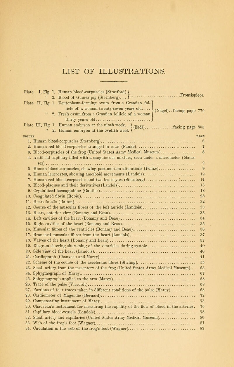 (Nagel). .facing page 779 Plate I, Fig. 1. Human blood-corpuscles (Stratford) } _, . .  2. Blood of Guinea-pig (Sternberg)... f Frontispiece, Plate II, Fig. 1. Deutoplasm-forming ovum from a Graafian fol- licle of a woman twenty-seven years old.  2. Fresh ovum from a Graafian follicle of a woman thirty years old Plate UI, Fig. 1. Human embryon at the ninth week.. ) ^^^^^ ^^^^^^ p^^^ 305  2. Human emhryon at the twelfth week ) TIGUHE PAGE 1. Human blood-corpuscles (Sternberg) 6 2. Human red blood-corpuscles arranged in rows (Funke) 7 3. Blood-corpuscles of the frog (United States Army Medical Museum) 8 4. Artificial capillary filled with a sanguineous mixture, seen under a micrometer (Malas- sez) 9 5. Human blood-corpuscles, showing post-mortem alterations (Funke) 9 6. Human leucocytes, showing amceboid movements (Landois) 12 7. Human red blood-corpuscles and two leucocytes (Sternberg) .' 14 8. Blood-plaques and their derivatives (Landois) 16 9. Crystallized haemaglobine (Gautier) 18 10. Coagulated fibrin (Robin) 28 11. Heart in site (Dalton) 32 12. Course of the muscular fibres of the left auricle (Landois) 33 13. Heart, anterior view (Bonamy and Beau). 33 14. Left cavities of the heart (Bonamy and Beau) 34 15. Right cavities of the heart (Bonamy and Beau) 35 16. Muscular fibres of the ventricles (Bonamy and Beau) 36 17. Branched muscular fibres from the heart (Landois) 37 18. Valves of the heart (Bonamy and Beau) 37 19. Diagram showing shortening of the ventricles during systole 40 20. Side view of the heart (Landois) 40 21. Cardiograph (Chauveau and Marey) 41 22. Scheme of the course of the accelerans fibres (StirUng) 55 23. Small artery from the mesentery of the frog (United States Army Medical Museum).. . 63 24. Sphygmograph of Marey 67 25. Sphygmograph appUed to the arm (Marey) 68 26. Trace of the pulse (Vierordt) 68 27. Portions of four traces taken in different conditions of the pulse (Marey). 68 28. Cardiometer of Magendie (Bernard) 72 29. Compensating instrument of Marey. 73 30. Chauvcau's instrument for measuring the rapidity of the flow of blood in the arteries. 76 31. Capillary blood-vessels (Landois) 78 32. Small artery and capillaries (United States Army Medical Museum) SO 33. Web of the frog's foot (Wagner) 81 34. Circulation in the web of the frog's foot (Wagner) 82