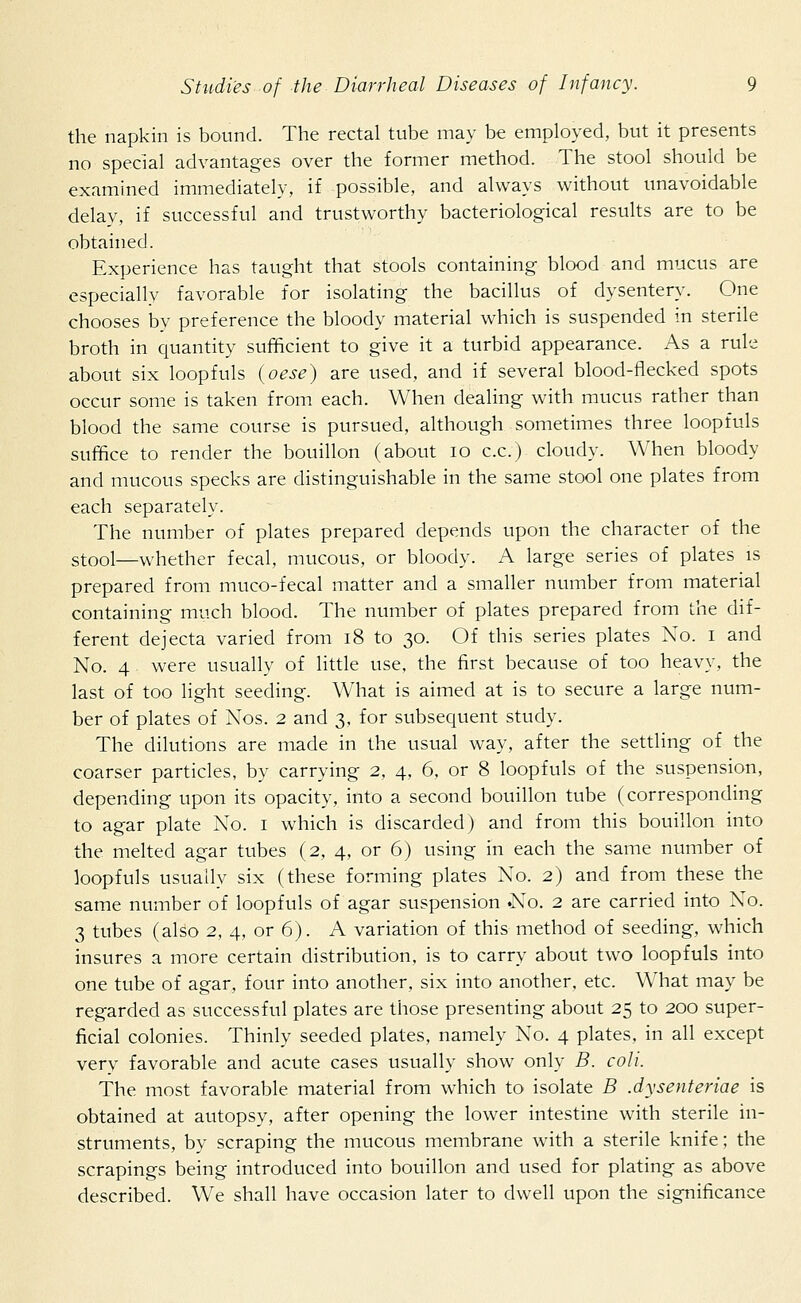the napkin is bound. The rectal tube may be employed, but it presents no special advantages over the former method. The stool should be examined immediately, if possible, and always without unavoidable delay, if successful and trustworthy bacteriological results are to be obtained. Experience has taught that stools containing blood and mucus are especially favorable for isolating the bacillus of dysentery. One chooses by preference the bloody material which is suspended in sterile broth in quantity sufficient to give it a turbid appearance. As a rule about six loopfuls (oese) are used, and if several blood-flecked spots occur some is taken from each. When dealing with mucus rather than blood the same course is pursued, although sometimes three loopfuls suffice to render the bouillon (about 10 c.c.) cloudy. When bloody and mucous specks are distinguishable in the same stool one plates from each separately. The number of plates prepared depends upon the character of the stool—whether fecal, mucous, or bloody. A large series of plates is prepared from muco-fecal matter and a smaller number from material containing much blood. The number of plates prepared from the dif- ferent dejecta varied from 18 to 30. Of this series plates Xo. 1 and No. 4 were usually of little use, the first because of too heavy, the last of too light seeding. What is aimed at is to secure a large num- ber of plates of Nos. 2 and 3, for subsequent study. The dilutions are made in the usual way, after the settling of the coarser particles, by carrying 2, 4, 6, or 8 loopfuls of the suspension, depending upon its opacity, into a second bouillon tube (corresponding to agar plate Xo. 1 which is discarded) and from this bouillon into the melted agar tubes (2, 4, or 6) using in each the same number of loopfuls usually six (these forming plates Xo. 2) and from these the same number of loopfuls of agar suspension .Xo. 2 are carried into Xo. 3 tubes (also 2, 4, or 6). A variation of this method of seeding, which insures a more certain distribution, is to carry about two loopfuls into one tube of agar, four into another, six into another, etc. What may be regarded as successful plates are those presenting about 25 to 200 super- ficial colonies. Thinly seeded plates, namely Xo. 4 plates, in all except very favorable and acute cases usually show only B. coli. The most favorable material from which to isolate B Jysenteriae is obtained at autopsy, after opening the lower intestine with sterile in- struments, by scraping the mucous membrane with a sterile knife; the scrapings being introduced into bouillon and used for plating as above described. We shall have occasion later to dwell upon the significance