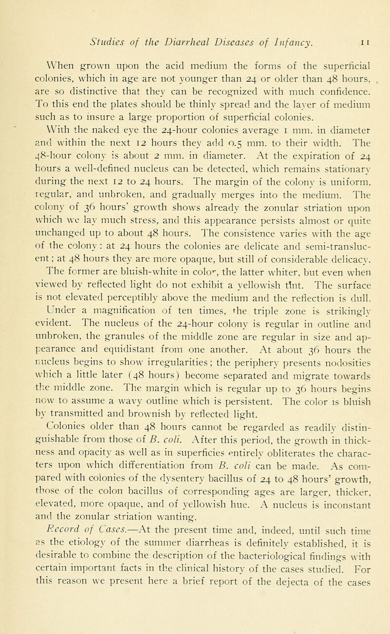 When grown upon the acid medium the forms of the superficial colonies, which in age are not younger than 24 or older than 48 hours, are so distinctive that they can be recognized with much confidence. To this end the plates should be thinly spread and the layer of medium such as to insure a large proportion of superficial colonies. With the naked eye the 24-hour colonies average 1 mm. in diameter and within the next 12 hours they add 0.5 mm. to their width. The 48-hour colony is about 2 mm. in diameter. At the expiration of 24 hours a well-defined nucleus can be detected, which remains stationary during the next 12 to 24 hours. The margin of the colony is uniform, regular, and unbroken, and gradually merges into the medium. The colony of 36 hours' growth shows already the zonular striation upon which we lay much stress, and this appearance persists almost or quite unchanged up to about 48 hours. The consistence varies with the age of the colony : at 24 hours the colonies are delicate and semi-transluc- ent ; at 48 hours they are more opaque, but still of considerable delicacy. The former are bluish-white in colo1, the latter whiter, but even when viewed by reflected light do not exhibit a yellowish tint. The surface is not elevated perceptibly above the medium and the reflection is dull. Lnder a magnification of ten times, the triple zone is strikingly evident. The nucleus of the 24-hour colony is regular in outline and unbroken, the granules of the middle zone are regular in size and ap- pearance and equidistant from one another. At about 36 hours the nucleus begins to show irregularities; the periphery presents nodosities which a little later (48 hours) become separated and migrate towards the middle zone. The margin which is regular up to 36 hours begins now to assume a wavy outline which is persistent. The color is bluish by transmitted and brownish by reflected light. Colonies older than 48 hours cannot be regarded as readilv distin- guishable from those of B. coli. After this period, the growth in thick- ness and opacity as well as in superficies entirely obliterates the charac- ters upon which differentiation from B. coli can be made. As com- pared with colonies of the dysentery bacillus of 24 to 48 hours' growth, those of the colon bacillus of corresponding ages are larger, thicker, elevated, more opaque, and of yellowish hue. A nucleus is inconstant and the zonular striation wanting. Record of Cases.—At the present time and, indeed, until such time as the etiology of the summer diarrheas is definitely established, it is desirable to combine the description of the bacteriological findings with certain important facts in the clinical history of the cases studied. For this reason we present here a brief report of the dejecta of the cases
