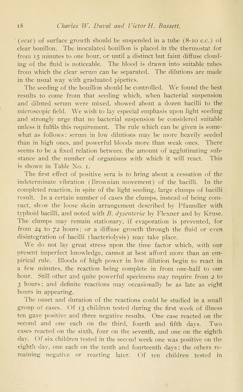 (oese) of surface growth should be suspended in a tube (8-10 c.c.) of clear bouillon. The inoculated bouillon is placed in the thermostat for from 15 minutes to one hour, or until a distinct but faint diffuse cloud- ing of the fluid is noticeable. The blood is drawn into suitable tubes from which the clear serum can be separated. The dilutions are made in the usual way with graduated pipettes. The seeding of the bouillon should be controlled. We found the best results to come from that seeding which, when bacterial suspension and diluted serum were mixed, showed about a dozen bacilli to the microscopic field. We wish to lay especial emphasis upon light seeding and strongly urge that no bacterial suspension be considered suitable unless it fulfils this requirement. The rule which can be given is some- what as follows : serum in low dilutions may be more heavily seeded than in high ones, and powerful bloods more than weak ones. There seems to be a fixed relation between the amount of agglutinating sub- stance and the number of organisms with which it will react. This is shown in Table Xo. I. The first effect of positive sera is to bring about a cessation of the indeterminate vibration (Brownian movement) of the bacilli. In the completed reaction, in spite of the light seeding, large clumps of bacilli result. In a certain number of cases the clumps, instead of being corn- met, show the loose skein arrangement described by Pfaundler with typhoid bacilli, and noted with B. dysenteries by Flexner and bv Kruse. The clumps may remain stationary, if evaporation is prevented, for from 24 to 72 hours; or a diffuse growth through the fluid or even disintegration of bacilli (bacteriolysis) may take place. We do not lay great stress upon the time factor which, with our present imperfect knowledge, cannot at best afford more than an em- pirical rule. Bloods of high power in low dilution begin to react in a few minutes, the reaction being complete in from one-half to one hour. Still other and quite powerful specimens may require from 2 to 3 hours; and definite reactions may occasionally be as late as eight hours in appearing. The onset and duration of the reactions could be studied in a small group of cases. Of 13 children tested during the first week of illness ten gave positive and three negative results. One case reacted on the second and one each on the third, fourth and fifth days. Two cases reacted on the sixth, four on the seventh, and one on the eighth day. Of six children tested in the second week one was positive on the eighth day, one each on the tenth and fourteenth days; the others re- maining negative or reacting later. Of ten children tested in