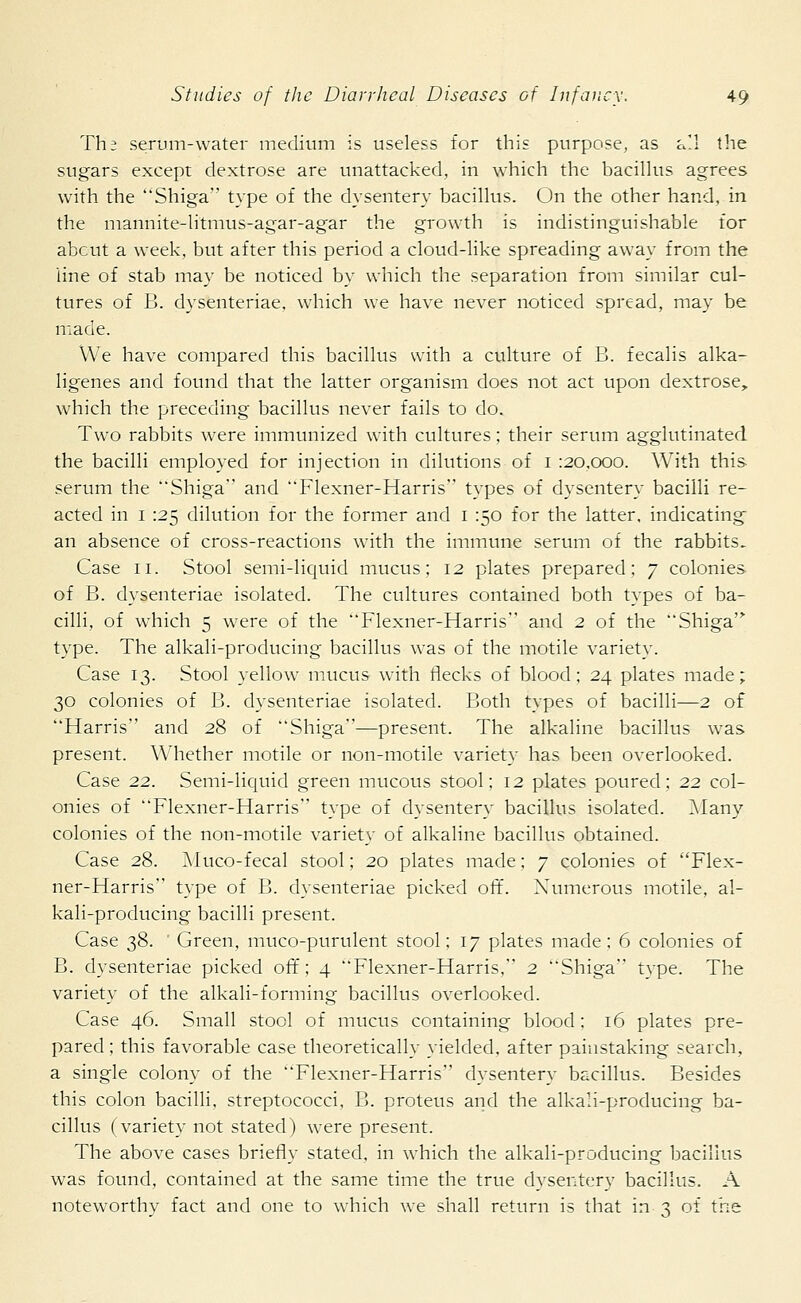 Th; serum-water medium is useless for this purpose, as all the sugars except dextrose are unattached, in which the bacillus agrees with the Shiga type of the dysentery bacillus. On the other hand, in the mannite-litmus-agar-agar the growth is indistinguishable for abcut a week, but after this period a cloud-like spreading away from the line of stab may be noticed by which the separation from similar cul- tures of B. dysenteriae, which we have never noticed spread, may be made. We have compared this bacillus with a culture of B. fecalis alka- ligenes and found that the latter organism does not act upon dextrose, which the preceding bacillus never fails to do. Two rabbits were immunized with cultures; their serum agglutinated the bacilli employed for injection in dilutions of 1 :20,000. With this serum the Shiga and Flexner-Harris types of dysentery bacilli re- acted in 1 125 dilution for the former and 1 150 for the latter, indicating an absence of cross-reactions with the immune serum of the rabbits- Case 11. Stool semi-liquid mucus; 12 plates prepared; 7 colonies of B. dysenteriae isolated. The cultures contained both types of ba- cilli, of which 5 were of the Flexner-Harris and 2 of the Shiga' type. The alkali-producing bacillus was of the motile variety. Case 13. Stool yellow mucus with flecks of blood; 24 plates made; 30 colonies of B. dysenteriae isolated. Both types of bacilli—2 of Harris and 28 of Shiga—present. The alkaline bacillus was present. Whether motile or non-motile variety has been overlooked. Case 22. Semi-liquid green mucous stool; 12 plates poured; 22 col- onies of Flexner-Harris type of dysentery bacillus isolated. Many colonies of the non-motile variety of alkaline bacillus obtained. Case 28. Muco-fecal stool; 20 plates made; 7 colonies of Flex- ner-Harris type of B. dysenteriae picked off. Numerous motile, al- kali-producing bacilli present. Case 38. ' Green, muco-purulent stool; 17 plates made; 6 colonies of B. dysenteriae picked off; 4 Flexner-Harris, 2 Shiga type. The variety of the alkali-forming bacillus overlooked. Case 46. Small stool of mucus containing blood; 16 plates pre- pared ; this favorable case theoretically yielded, after painstaking search, a single colony of the Flexner-Harris dysentery bacillus. Besides this colon bacilli, streptococci, B. proteus and the alkali-producing ba- cillus (variety not stated) were present. The above cases briefly stated, in which the alkali-producing bacillus was found, contained at the same time the true dysentery bacillus. A noteworthy fact and one to which we shall return is that in 3 of the