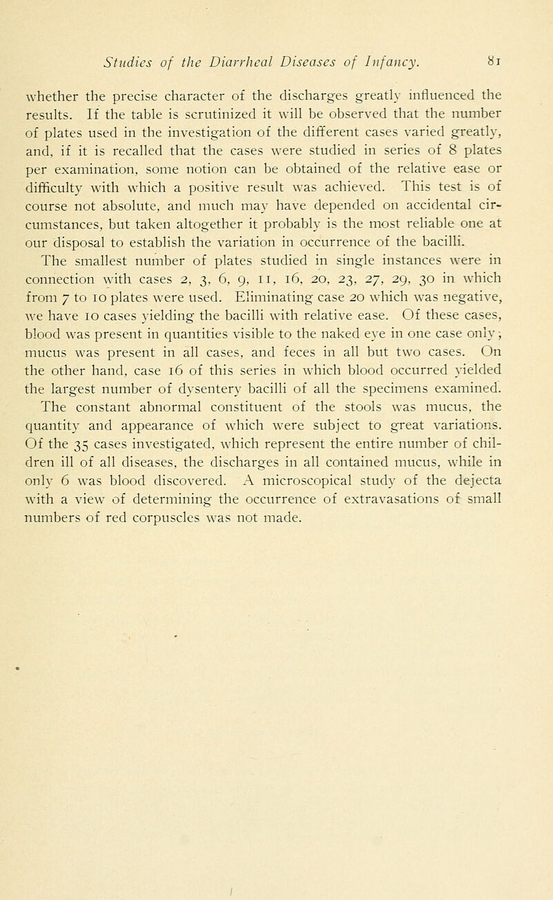 whether the precise character of the discharges greatly influenced the results. If the table is scrutinized it will be observed that the number of plates used in the investigation of the different cases varied greatly, and, if it is recalled that the cases were studied in series of 8 plates per examination, some notion can be obtained of the relative ease or difficulty with which a positive result was achieved. This test is of course not absolute, and much may have depended on accidental cir- cumstances, but taken altogether it probably is the most reliable one at our disposal to establish the variation in occurrence of the bacilli. The smallest number of plates studied in single instances were in connection with cases 2, 3, 6, 9, 11, 16, 20, 23, 27, 29, 30 in which from 7 to 10 plates were used. Eliminating case 20 which was negative, we have 10 cases yielding the bacilli with relative ease. Of these cases, blood was present in quantities visible to the naked eye in one case only; mucus was present in all cases, and feces in all but two cases. On the other hand, case 16 of this series in which blood occurred yielded the largest number of dysentery bacilli of all the specimens examined. The constant abnormal constituent of the stools was mucus, the quantity and appearance of which were subject to great variations. Of the 35 cases investigated, which represent the entire number of chil- dren ill of all diseases, the discharges in all contained mucus, while in only 6 was blood discovered. A microscopical study of the dejecta with a view of determining the occurrence of extravasations of small numbers of red corpuscles was not made.