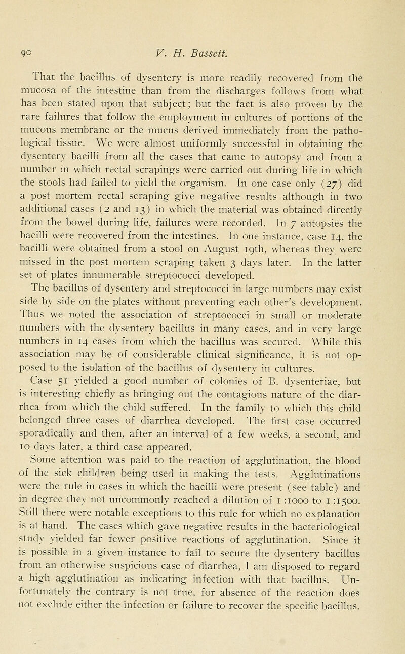 9° V. H. Bassett. That the bacillus of dysentery is more readily recovered from the mucosa of the intestine than from the discharges follows from what has been stated upon that subject; but the fact is also proven by the rare failures that follow the employment in cultures of portions of the mucous membrane or the mucus derived immediately from the patho- logical tissue. We were almost uniformly successful in obtaining the dysentery bacilli from all the cases that came to autopsy and from a number m which rectal scrapings were carried out during life in which the stools had failed to yield the organism. In one case only (27) did a post mortem rectal scraping give negative results although in two additional cases (2 and 13) in which the material was obtained directly from the bowel during life, failures were recorded. In 7 autopsies the bacilli were recovered from the intestines. In one instance, case 14, the bacilli were obtained from a stool on August 19th, whereas they were missed in the post mortem scraping taken 3 days later. In the latter set of plates innumerable streptococci developed. The bacillus of dysentery and streptococci in large numbers may exist side by side on the plates without preventing each other's development. Thus we noted the association of streptococci in small or moderate numbers with the dysentery bacillus in many cases, and in very large numbers in 14 cases from which the bacillus was secured. While this association may be of considerable clinical significance, it is not op- posed to the isolation of the bacillus of dysentery in cultures. Case 51 yielded a good number of colonies of B. dysenteriae, but is interesting chiefly as bringing out the contagious nature of the diar- rhea from which the child suffered. In the family to which this child belonged three cases of diarrhea developed. The first case occurred sporadically and then, after an interval of a few weeks, a second, and 10 days later, a third case appeared. Some attention was paid to the reaction of agglutination, the blood of the sick children being used in making the tests. Agglutinations were the rule in cases in which the bacilli were present (see table) and in degree they not uncommonly reached a dilution of 1 :iooo to 1 :150c Still there were notable exceptions to this rule for which no explanation is at hand. The cases which gave negative results in the bacteriological study yielded far fewer positive reactions of agglutination. Since it is possible in a given instance to fail to secure the dysentery bacillus from an otherwise suspicious case of diarrhea, I am disposed to regard a high agglutination as indicating infection with that bacillus. Un- fortunately the contrary is not true, for absence of the reaction does not exclude either the infection or failure to recover the specific bacillus.