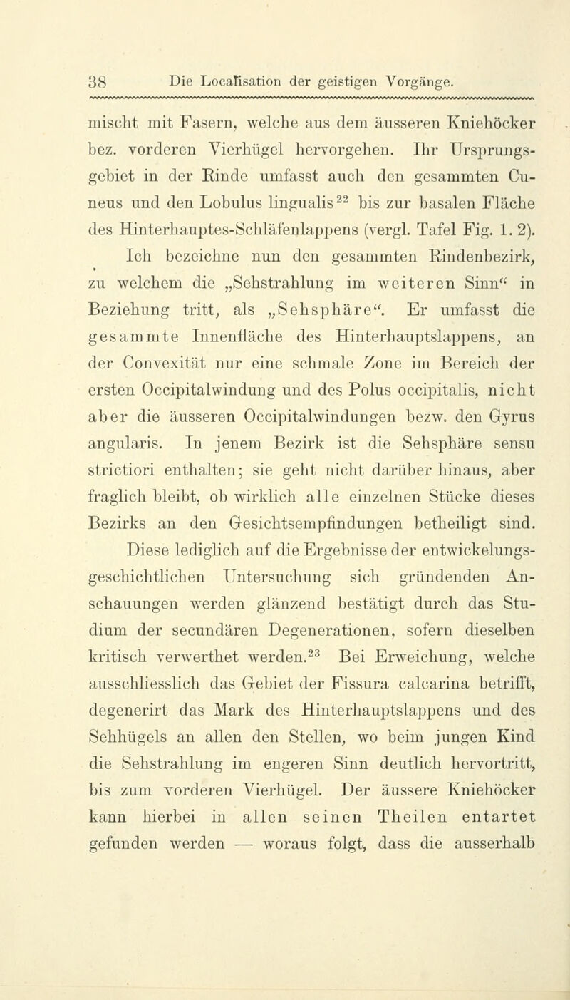 inisclit mit Fasern, welche aus dem äusseren Kniehöcker bez. vorderen Vierhügel hervorgehen. Ihr Ursprungs- gebiet in der Rinde umfasst auch den gesammten Cu- neus und den Lobulus lingualis^^ bis zur basalen Fläche des Hinterhauptes-Schläfenlappens (vergl. Tafel Fig. 1. 2). Ich bezeichne nun den gesammten Rindenbezirk, zu welchem die „Sehstrahlung im weiteren Sinn in Beziehung tritt, als „Sehsphäre*^ Er umfasst die gesammte Innenfläche des Hinterhauptslapjoens, an der Convexität nur eine schmale Zone im Bereich der ersten Occipitalwindung und des Polus occipitalis, nicht aber die äusseren Occipitalwindungen bezw. den Gyrus angularis. In jenem Bezirk ist die Sehsphäre sensu strictiori enthalten; sie geht nicht darüberhinaus, aber fraglich bleibt, ob wirklich alle einzelnen Stücke dieses Bezirks an den Gesichtsempfindungen betheiligt sind. Diese lediglich auf die Ergebnisse der entwickelungs- geschichtlichen Untersuchung sich gründenden An- schauungen werden glänzend bestätigt durch das Stu- dium der secundären Degenerationen, sofern dieselben kritisch verwerthet werden.^^ Bei Erweichung, welche ausschliesslich das Gebiet der Fissura calcarina betrifft, degenerirt das Mark des Hinterhauptslappens und des Sehhügels an allen den Stellen, wo beim jungen Kind die Sehstrahlung im engeren Sinn deutlich hervortritt, bis zum vorderen Vierhügel. Der äussere Kniehöcker kann hierbei in allen seinen Theilen entartet gefunden werden — woraus folgt, dass die ausserhalb