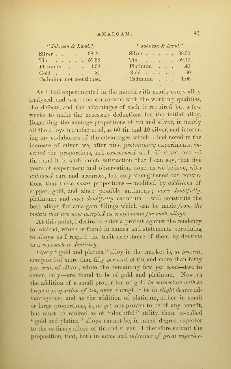  Johnson & Lund.  Johnson & Lund.' Silver 38.27 Silver 38.50 Tin 59.58 Tin 59.40 Platinum . . . 1.34 Platinum ... .40 Gold 81 Gold 60 Cadmium not mentioned. Cadmium . . . 1.06 As I had experimented in tlie mouth, with nearly every alloy analyzed, and was thus conversant with the working qualities, the defects, and the advantages of each, it required but a few weeks to make the necessary deductions for the initial alloy. Eegarding the average proportions of tin and silver, in nearly all the alloys manufactured, as 60 tin and 40 silver, and inform- ing my co-laborers of the advantages which I had noted in the increase of silver, we, after nine preliminary experiments, in- verted the proportions, and commenced with 60 silver and 40 tin; and it is with much satisfaction that I can say, that five years of experiment and observation, done, as we believe, with unbiased care and accuracy, has only strengthened our convic- tions that these hasal proportions — modified by additions of copper, gold, and zinc; possibly antimony; more douhtfully.^ platinum; and most doubtfully., cadmium — will constitute the best alloys for amalgam fillings which can be made/rom the metals that are now accepted as components for such alloys. At this point, I desire to enter a protest against the tendency to mislead, which is found in names and statements pertaining to alloys, as I regard the tacit acceptance of them by dentists as a reproach to dentistry. Every  gold and platiua  alloy in the market is, at present^ composed of more than fifty per cent, of tin, and more than forty 2')er cent, of silver, while the remaining few per cent.—two to seven, only—are found to be of gold and platinum. Now, as the addition of a small proportion of gold in connection with so large a proportion of tin., even though it be in slight degree ad- vantageous; and as the addition of platinum, either in small or large proportions, is, as yet., not proven to be of any benefit, but must be ranked as of  doubtful utility, these so-called  gold and platina  alloys cannot be, in much degree, superior to the ordinary alloys of tin and silver. I therefore submit the propo.sition, that, both in name and inference of great superior-
