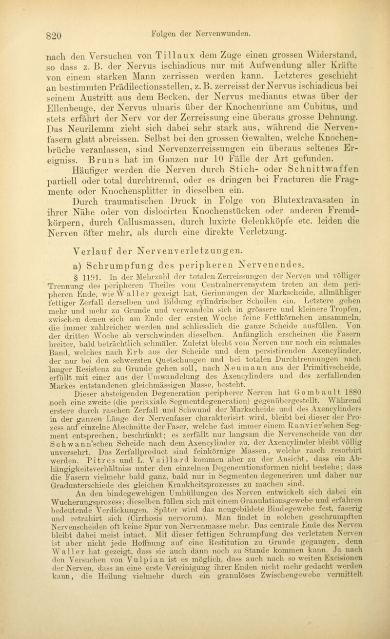 gOQ Folgen dei Nervenwunden. nach den Versuchen von Tillaux dem Zuge einen grossen Widerstand, so dass z. B. der Nervus ischiadieus nur mit Aufwendung aller Kräfte von einem starken Mann zerrissen werden kann. Letzteres geschieht an bestimmten Prädilectionsstellen, z. B. zerreisst der Nervus ischiadieus bei seinem Austritt aus dem Becken, der Nervus medianus etwas über der Ellenbeuge, der Nervus ulnaris über der Knochenrinne am Cubitus, und stets erfährt der Nerv vor der Zerreissung eine überaus grosse Dehnung. Das Neurilemm zieht sich dabei sehr stark aus, während die Nerven- fasern glatt abreissen. Selbst bei den grossen Gewalten, welche Knochen- brüche veranlassen, sind Nervenzerreissungen ein überaus seltenes Er- eigniss. Bruns hat im Ganzen nur 10 Fälle der Art gefunden. Häufiger werden die Nerven durch Stich- oder Schnittwaffen partiell oder total durchtrennt, oder es dringen bei Fracturen die Frag- mente oder Knochensplitter in dieselben ein. Durch traumatischen Druck in Folge von Blutextravasaten in ihrer Nähe oder von dislocirten Knochenstücken oder anderen Fremd- körpern, durch Callusmassen, durch luxirte Gelenkköpfe etc. leiden die Nerven öfter mehr, als durch eine direkte Verletzung. Verlauf der Nervenverletzungen. a) Schrumpfung des peripheren Nervenendes. § 1191. In der Mehrzahl der totalen Zerreissungen der Nerven und völliger Trennung des peripheren Theiles vom Centralnervensystem treten an dem peri- pheren Ende, wie Waller gezeigt hat, Gerinnungen der Markscheide, allmähliger fettiger Zerfall derselben und Bildung cylindrischer Schollen ein. Letztere gehen mehr und mehr zu Grunde und verwandeln sich in grössere und kleinere Tropfen, zwischen denen sich am Ende der ersten Woche feine Fettkörnchen ansammeln, die immer zahlreicher werden und schliesslich die ganze Scheide ausfüllen. Von der dritten Woche ab verschwinden dieselben. Anfänglich erscheinen die Fasern breiter, bald beträchtlich schmäler. Zuletzt bleibt vom Nerven nur noch ein .schmales Band, welches nach Erb aus der Scheide und dem persistirenden Axencylinder, der nur bei den schwersten Quetschungen und bei totalen Durchtrennungen nach langer Resistenz zu Grunde gehen soll, nach Neumann aus der Primitivscheide, erfüllt mit einer aus der Umwandelung des Axencylinders und des zerfallenden Markes entstandenen gleichmässigen Masse, besteht. Dieser absteigenden Degeneration peripherer Nerven hat Gombault 1880 noch eine zweite (die periaxiale Segmentdegeneration) gegenübergestellt. Während erstere durch raschen Zerfall und Schwund der Markscheide und des Axencylinders in der ganzen Länge der Nervenfaser charakterisirt wird, bleibt bei dieser der Pro- zess auf einzelne Abschnitte der Faser, welche fast immer einem Ranvier'schen Seg- ment entsprechen, beschränkt; es zerfällt nur langsam die Nervenscheide von der Schwann sehen Scheide nach dem Axencylinder zu. der Axencylinder bleibt völlig unversehrt. Das Zerfallproduct sind feinkörnige Massen, welche rasch re.sorbirt werden. Pitres und L. Vaillard kommen aber zu der Ansicht, dass ein Ab- hängigkeitsverhältniss unter den einzelnen Degenerationsformen nicht bestehe; dass die Fasern vielmehr bald ganz, bald nur in Segmenten degeneriren und daher nur Gradunterschiede des gleichen Krankheitsprozesses zu machen sind. An den bindegewebigen Umhüllungen des Nerven entwickelt sich dabei ein Wucherungsprozess; dieselben füllen sich mit einem Granulationsgewebe und erfahren bedeutende Verdickungen. Später wird das neugebildete Bindegewebe fest, faserig und retrahirt sich (Cirrhosis nervorum). Man findet in solchen gesclu-umpften Nervenscheiden oft keine Spur von Nervenmasse mehr. Das centrale Ende des Nerven bleibt dabei meist intact. Mit dieser fettigen Schrumpfung des verletzten Nerven ist aber nicht jede Hoffnung auf eine Restitution zu Grunde gegangen, denn Waller hat gezeigt, dass sie auch dann noch zu Stande kommen kann.^ Ja nach den Versuchen von Vulpian ist es möglich, dass auch nach so w^eiten Excisionen der Nerven, dass an eine erste Vereinigung ihrer Enden nicht mehr gedacht w^erden kann, die Heilung vielmehr durch ein granulöses Zwischengewebe vermittelt