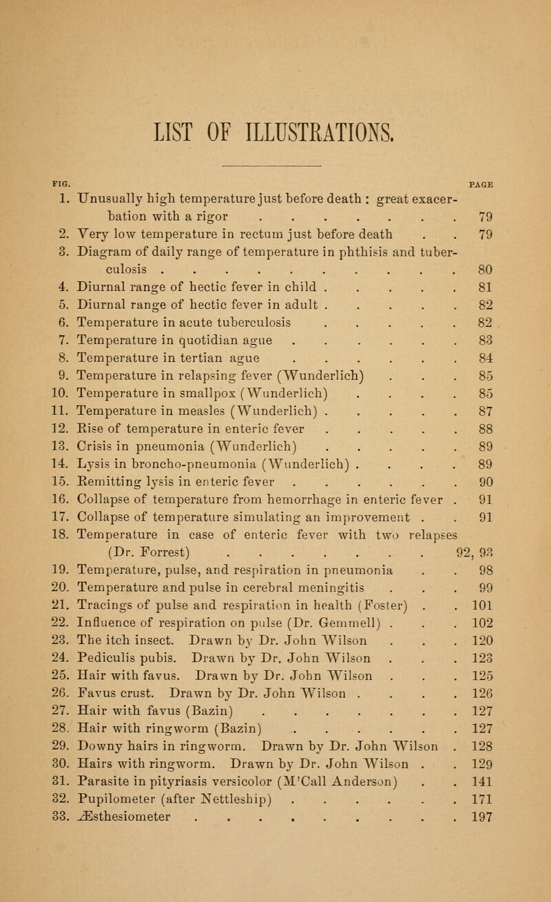 LIST OF ILLUSTRATIONS. FIG. PAGE 1. Unusually high temperature just before death : great exacer- bation with a rigor . 79 2. Yery low temperature in rectum just before death . . 79 3. Diagram of daily range of temperature in phthisis and tuber- culosis .......... 80 4. Diurnal range of hectic fever in child ..... 81 5. Diurnal range of hectic fever in adult ..... 82 6. Temperature in acute tuberculosis ..... 82 7. Temperature in quotidian ague . . .... 83 8. Temperature in tertian ague ...... 84 9. Temperature in relapsing fever (Wunderlich) ... 85 10. Temperature in smallpox (Wunderlich) .... 85 11. Temperature in measles (Wunderlich) ..... 87 12. Eise of temperature in enteric fever ..... 88 13. Crisis in pneumonia (Wunderlich) ..... 89 14. Lysis in broncho-pneumonia (Wunderlich) .... 89 15. Eemitting lysis in enteric fever ...... 90 16. Collapse of temperature from hemorrhage in enteric fever . 91 17. Collapse of temperature simulating an improvement . . 91 18. Temperature in case of enteric fever with two relapses (Dr. Forrest) . 92, 93 19. Temperature, pulse, and respiration in pneumonia . . 98 20. Temperature and pulse in cerebral meningitis ... 99 21. Tracings of pulse and respiration in health (Foster) . . 101 22. Influence of respiration on pulse (Dr. Gemmell) . . . 102 23. The itch insect. Drawn by Dr. John Wilson . . .120 24. Pediculis pubis. Drawn by Dr. John Wilson . . . 123 25. Hair with favus. Drawn by Dr. John Wilson . . . 125 26. Favus crust. Drawn by Dr. John Wilson .... 126 27. Hair with favus (Bazin) 127 28. Hair with ringworm (Bazin) ....... 127 29. Downy hairs in ringworm. Drawn by Dr. John Wilson . 128 30. Hairs with ringworm. Drawn by Dr. John Wilson . . 129 81. Parasite in pityriasis versicolor (M'Call Anderson) . , 141 32. Pupilometer (after Nettleship) 171 33. ^sthesiometer 197