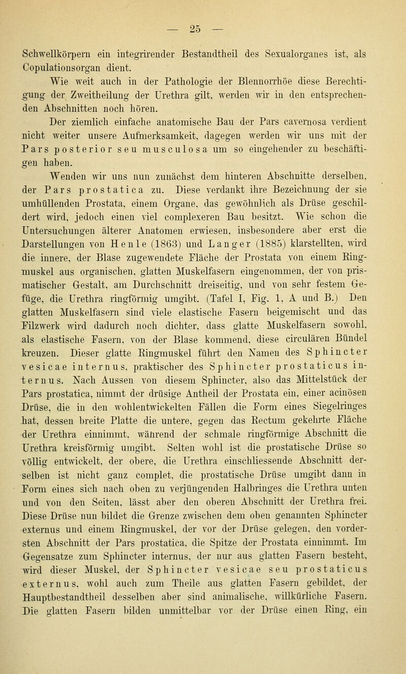 Schwellkörpern ein integrirender Bestandtheil des Sesualorganes ist, als Copulationsorgan dient. Wie weit auch in der Pathologie der Blennon'höe diese Berechti- gung der Zweitheilung der Urethra gilt, werden wh- in den entsprechen- den Abschnitten noch hören. Der ziemlich einfache anatomische Bau der Pars cavernosa verdient nicht weiter unsere Aufmerksamkeit, dagegen werden wir uns mit der Pars posterior seu musculosa um so eingehender zu beschäfti- gen haben. Wenden wir uns nun zunächst dem hinteren Abschnitte derselben. der Pars prostatica zu. Diese verdankt ihre Bezeichnung der sie Timhüllenden Prostata, einem Organe, das gewöhnlich als Drüse geschil- dert wird, jedoch einen viel complexeren Bau besitzt. Wie schon die Untersuchungen älterer Anatomen erwiesen, insbesondere aber erst die Darstellungen von He nie (1863) und Langer (1885) klarstellten, wird die innere, der Blase zugewendete Fläche der Prostata von einem King- muskel aus organischen, glatten Muskelfasern eingenommen, der von pris- matischer Gestalt, am Durchschnitt dreiseitig, und von sehr festem Ge- füge, die Urethra ringförmig umgibt. (Tafel I, Fig. 1, A und B.) Den glatten Muskelfasern sind viele elastische Fasern beigemischt und das Tilzwerk mrd dadurch noch dichter, dass glatte Muskelfasern sowohl, ^Is elastische Fasern, von der Blase kommend, diese circulären Bündel kreuzen. Dieser glatte Kingmuskel führt den Namen des Sp hin et er vesicae internus, praktischer des Sphincter prostaticus in- ternus. Nach Aussen von diesem Sphincter, also das Mittelstück der Pars prostatica, nimmt der drüsige Antheil der Prostata ein, einer acinösen Drüse, die in den wohlentwickelten Fällen die Form eines Siegelringes iat, dessen breite Platte die untere, gegen das Kectum gekehrte Fläche der Urethra einnimmt, wäürend der schmale ringförmige Abschnitt die Urethra kreisförmig umgibt. Selten wohl ist die prostatische Drüse so völlig entwickelt, der obere, die Urethra einschliessende Abschnitt der- selben ist nicht ganz complet, die prostatische Drüse umgibt dann in Form eines sich nach oben zu verjüngenden Halbringes die Urethra unten und von den Seiten, lässt aber den oberen Abschnitt der Urethra frei. Diese Drüse nun bildet die Grenze zwischen dem oben genannten Sphincter •externus und einem Eingmuskel, der vor der Drüse gelegen, den vorder- sten Abschnitt der Pars prostatica, die Spitze der Prostata einnimmt. Im Gegensatze zum Sphincter internus, der nur aus glatten Fasern besteht, wird dieser Muskel, der Sphincter'vesicae seu prostaticus •externus, wohl auch zum Theile aus glatten Fasern gebildet, der Hauptbestandtheil desselben aber sind animalische, willkürliche Fasern. Die glatten Fasern bilden unmittelbar vor der Drüse einen Bing, ein