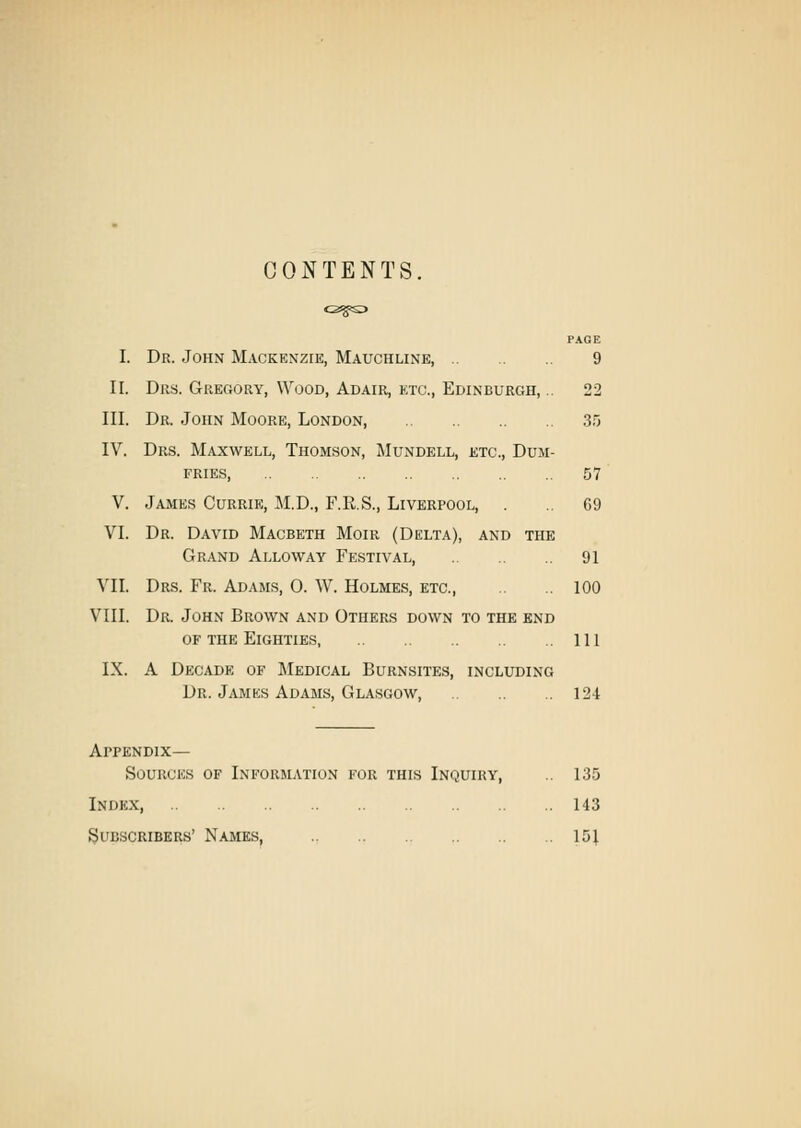 CONTENTS. PAGE I. Dr. John Mackenzie, Mauchline, 9 II. Drs. Gregory, Wood, Adair, etc., Edinburgh, .. 22 III. Dr. John Moore, London, 35 IV. Drs. Maxwell, Thomson, Mundell, etc., Dum- fries, 57 V. James Currie, M.D., F.R.S., Liverpool, . G9 VI. Dr. David Macbeth Moir (Delta), and the Grand Alloway Festival, 91 MI. Drs. Fr. Adams, 0. W. Holmes, etc., 100 VIII. Dr. John Brown and Others down to the end of the Eighties, Ill IX. A Decade of Medical Burnsites, including Dr. James Adams, Glasgow, 124 Appendix- Sources of Information for this Inquiry, 135 Index, 143 Subscribers' Names, 151