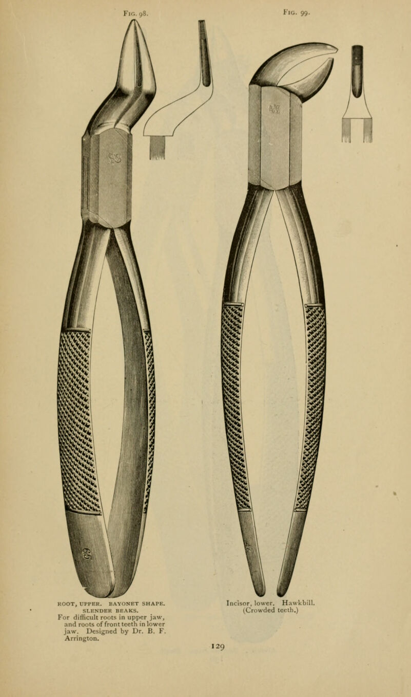 ROOT, UFIKK. IIAYUNF.T SHAPE. SLENDER BEAKS. For difficult roots in upper jaw, and roots of front teeth in lower jaw. Designed by Dr. B. F. Arrington. Incisor, lower. Hawkbill. (Crowded teeth.)