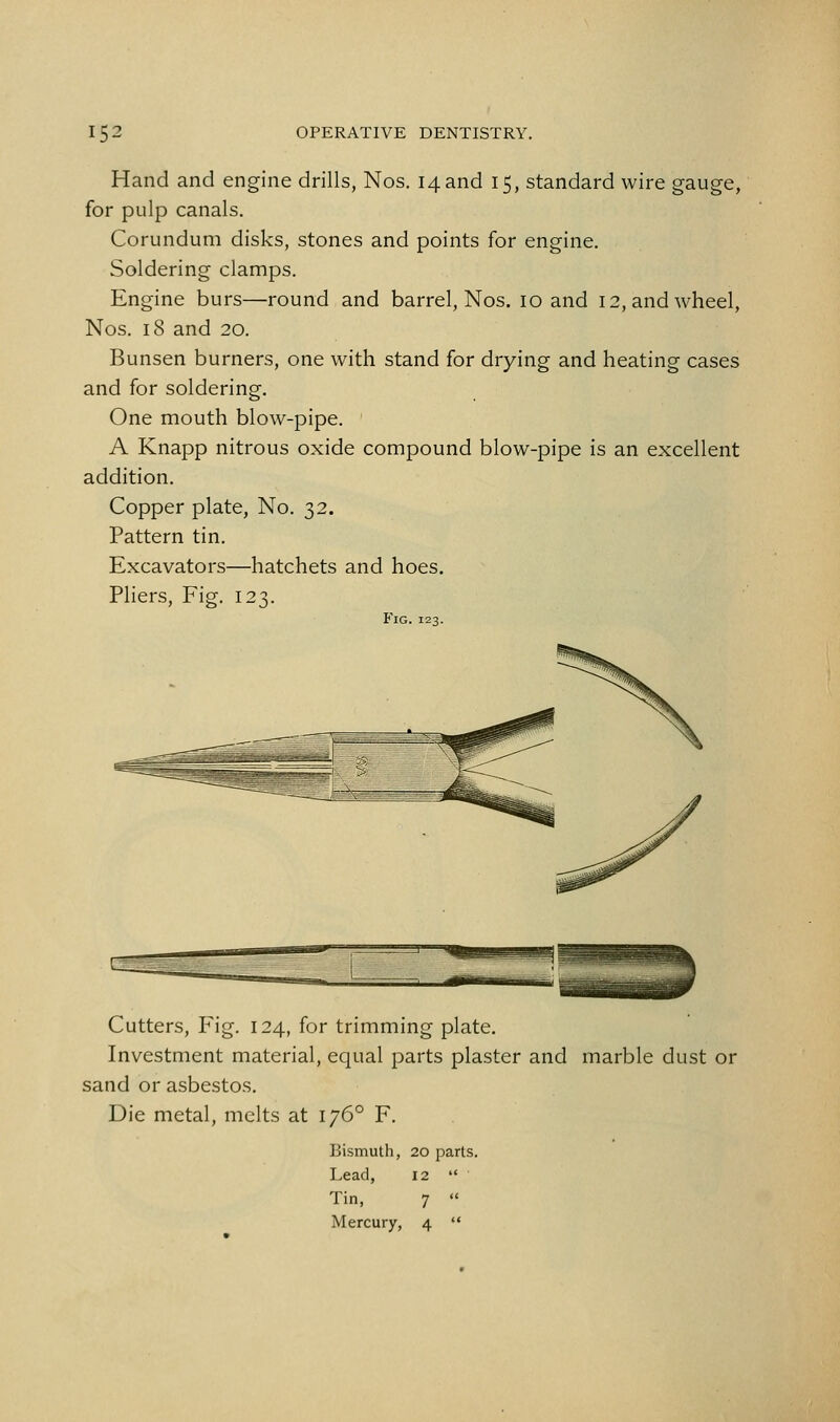 Hand and engine drills, Nos. 14 and 15, standard wire gauge, for pulp canals. Corundum disks, stones and points for engine. Soldering clamps. Engine burs—round and barrel, Nos. 10 and 12, and wheel, Nos. 18 and 20. Bunsen burners, one with stand for drying and heating cases and for soldering. One mouth blow-pipe. A Knapp nitrous oxide compound blow-pipe is an excellent addition. Copper plate, No. 32. Pattern tin. Excavators—hatchets and hoes. Pliers, Fig. 123. Fig. 123. Cutters, Fig. 124, for trimming plate. Investment material, equal parts plaster and marble dust or sand or asbestos. Die metal, melts at 176° F. Bismuth, 20 parts. Lead, 12  Tin, 7  Mercury, 4 