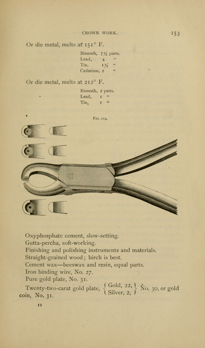 Or die metal, melts at 151° F. Bismuth, 7j4 parts. Lead, 4  Tin, i^  Cadmium, 2  Or die metal, melts at 212° F Bismuth, 2 jiarts. Lead, i  Tin. I  Fig.124. Oxyphosphate cement, slow-setting. Gutta-percha, soft-working. Finishing and polishing instruments and materials. Straight-grained wood ; birch is best. Cement wax—beeswax and resin, equal parts. Iron binding wire. No. 27. Pure gold plate, No. 31. Twenty-two-carat gold plate, coin, No. 31. Gold, 22, 1 <y , , ' 'I No. 30, or gold Sliver, 2, )