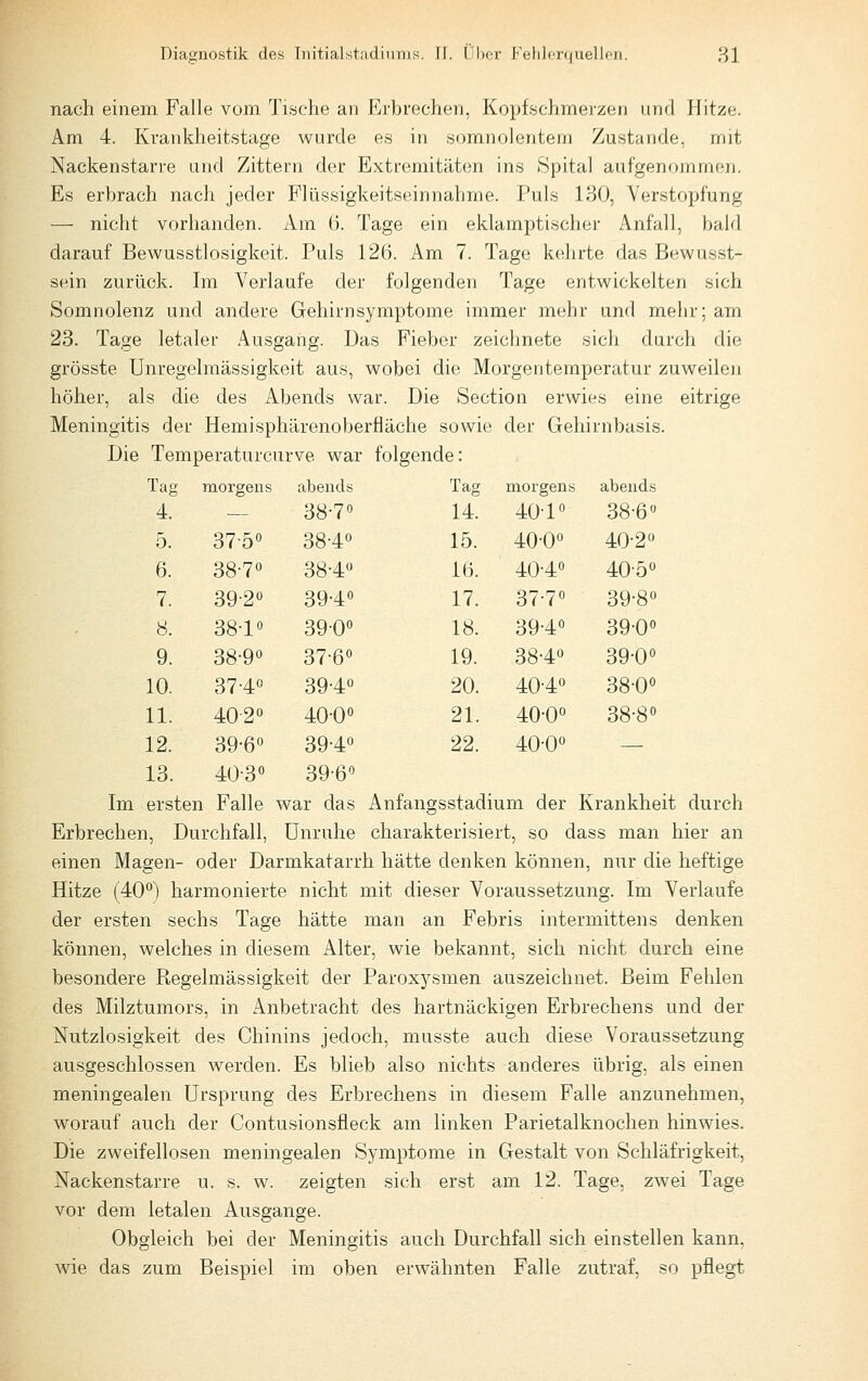 nach einem Falle vom Tische an Eibrechen, Kopfschmerzen und Hitze. Am 4. Krankheitstage wurde es in somnolentern Zustande, mit Nackenstarre and Zittern der Extremitäten ins Spital aufgenommen. Es erbrach nach jeder Flüssigkeitseinnahme. Puls 130, Verstopfung — nicht vorhanden. Am 0. Tage ein eklamptischer Anfall, bald darauf Bewusstlosigkeit. Puls 126. Am 7. Tage kelirte das Bewusst- sein zurück. Im Verlaufe der folgenden Tage entwickelten sich Somnolenz und andere Gehirnsymptome immer mehr und melir; am 23. Tage letaler Ausgang. Das Fieber zeichnete sich durch die grösste Unregelmässigkeit aus, wobei die Morgentemperatur zuweilen höher, als die des Abends war. Die Section erwies eine eitrige Meningitis der Hemisphärenoberfläche sowie der Gehirnbasis. Die Temperaturcurve war folgende: Tag morgens abends Tag morgens abends 4. — 38-70 14. 40-10 38-6 5. 37-5« 38-40 15. 40-00 40-2 6. 38-7« 38-40 16. 40-40 40-50 7. 39-2« 39-40 17. 37-70 39-80 8. 38-1« 3900 18. 39-40 39-00 9. 38-90 37-60 19. 38-40 39-00 10. 37-4° 39-40 20. 40-40 38-00 11. 40-2° 40-00 21. 40-00 38-80 12. 39-60 39-40 22. 40-00 — 13. 40-3« 39-60 Im ersten Falle war das Anfangsstadium der Krankheit durch Erbrechen, Durchfall, Unruhe charakterisiert, so dass man hier an einen Magen- oder Darmkatarrh hätte denken können, nur die heftige Hitze (400) harmonierte nicht mit dieser Voraussetzung. Im Verlaufe der ersten sechs Tage hätte man an Febris intermittens denken können, welches in diesem Alter, wie bekannt, sich nicht durch eine besondere Regelmässigkeit der Paroxysmen auszeichnet. Beim Fehlen des Milztumors, in Anbetracht des hartnäckigen Erbrechens und der Nutzlosigkeit des Chinins jedoch, musste auch diese Voraussetzung ausgeschlossen werden. Es blieb also nichts anderes übrig, als einen meningealen Ursprung des Erbrechens in diesem Falle anzunehmen, worauf auch der Contusionsfleck am linken Parietalknochen hinwies. Die zweifellosen meningealen Symptome in Gestalt von Schläfrigkeit, Nackenstarre u. s. w. zeigten sich erst am 12. Tage, zwei Tage vor dem letalen Ausgange. Obgleich bei der Meningitis auch Durchfall sich einstellen kann, wie das zum Beispiel im oben erwähnten Falle zutraf, so pflegt