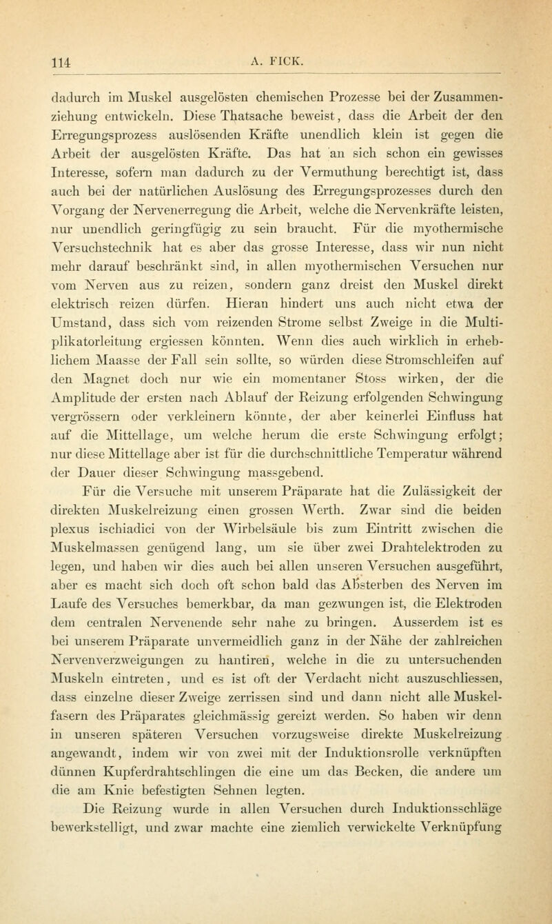 dadurch im Muskel ausgelösten chemischen Prozesse bei der Zusammen- ziehuDg entwickeln. Diese Thatsache beweist, dass die Arbeit der den Erregungsprozess auslösenden Kräfte unendlich klein ist gegen die Arbeit der ausgelösten Kräfte. Das hat an sich schon ein gewisses Interesse, sofern man dadurch zu der Vermuthung berechtigt ist, dass auch bei der natürlichen Auslösung des Erregungsprozesses durch den Vorgang der Nervenerregung die Arbeit, welche die Nervenkräfte leisten, nur unendlich geringfügig zu sein braucht. Für die myothermische Versuchstechnik hat es aber das grosse Interesse, dass wir nun nicht mehr darauf beschränkt sind, in allen myothermischen Versuchen nur vom Nerven aus zu reizen, sondern ganz dreist den Muskel direkt elektrisch reizen dürfen. Hieran hindert uns auch nicht etwa der Umstand, dass sich vom reizenden Strome selbst Zweige in die Multi- plikatorleitung ergiessen könnten. Wenn dies auch wirklich in erheb- lichem Maasse der Fall sein sollte, so würden diese Stromschleifen auf den Magnet doch nur wie ein momentaner Stoss wirken, der die Amplitude der ersten nach Ablauf der Reizung erfolgenden Schwingung vergrössern oder verkleinern könnte, der aber keinerlei Einfluss hat auf die Mittellage, um welche herum die erste Schwingung erfolgt; nur diese Mittellage aber ist für die durchschnittliche Temperatur während der Dauer dieser Schwingung massgebend. Für die Versuche mit unserem Präparate hat die Zulässigkeit der direkten Muskelreizung einen grossen Werth. Zwar sind die beiden plexus ischiadici von der Wirbelsäule bis zum Eintritt zwischen die Muskelmassen genügend lang, um sie über zwei Drahtelektroden zu legen, und haben wir dies auch bei allen unseren Versuchen ausgeführt, aber es macht sich doch oft schon bald das Absterben des Nerven im Laufe des Versuches bemerkbar, da man gezwungen ist, die Elektroden dem centralen Nervenende sehr nahe zu bringen. Ausserdem ist es bei unserem Präparate unvermeidlich ganz in der Nähe der zahlreichen Nervenverzweigungen zu hantiren, welche in die zu untersuchenden Muskeln eintreten, und es ist oft der Verdacht nicht auszuschliessen, dass einzelne dieser Zweige zerrissen sind und dann nicht alle Muskel- fasern des Präparates gleichmässig gereizt werden. So haben wir denn in unseren späteren Versuchen vorzugsweise direkte Muskelreizung angewandt, indem wir von zwei mit der Induktionsrolle verknüpften dünnen Kupferdrahtschiingen die eine um das Becken, die andere um die am Knie befestigten Sehnen legten. Die Reizung wurde in allen Versuchen durch Induktionsschläge bewerkstelligt, und zwar machte eine ziemlich verwickelte Verknüpfung