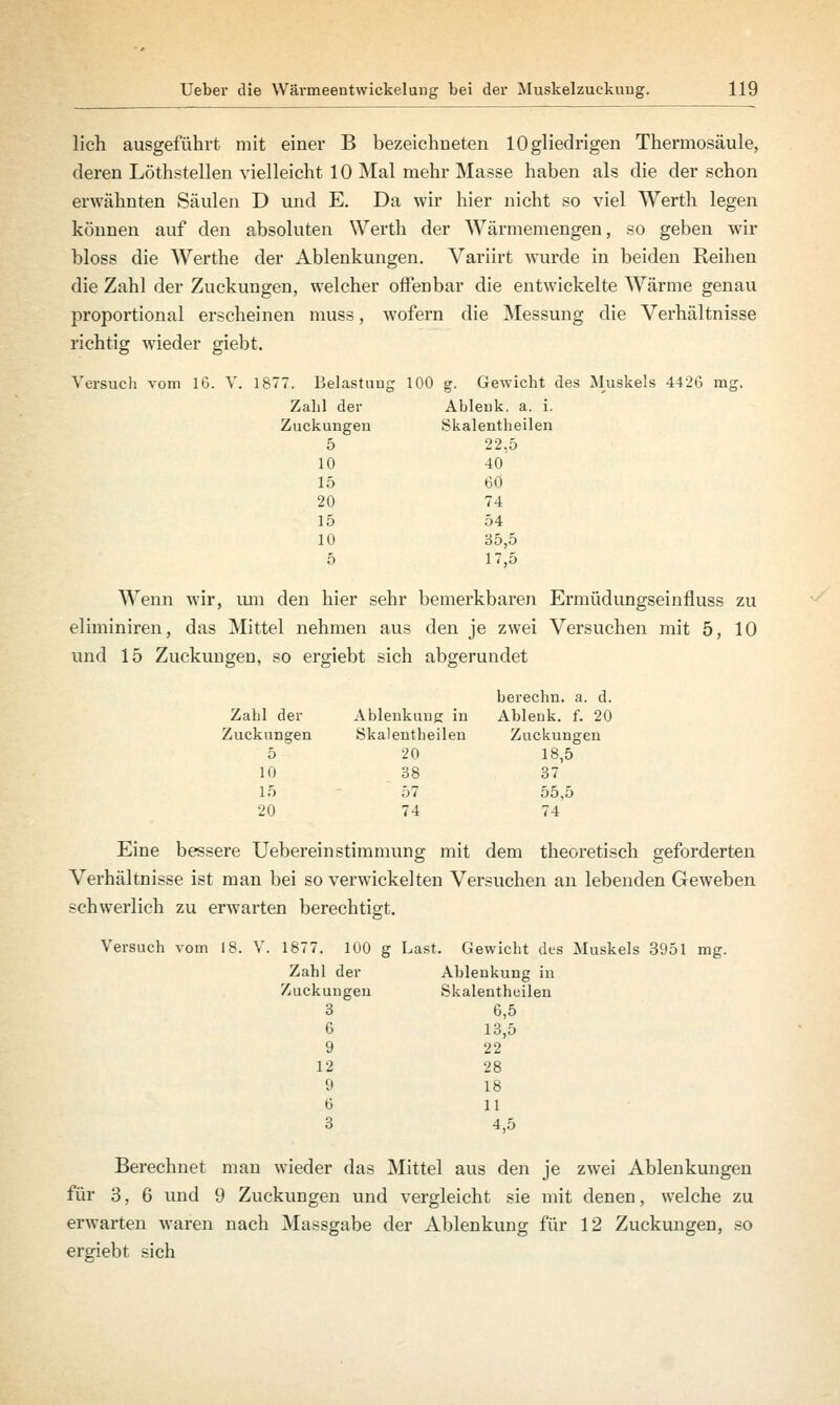 lieh ausgeführt mit einer B bezeichneten lOgliedrigen Thermosäule, deren Löthstellen vielleicht 10 Mal mehr Masse haben als die der schon erwähnten Säulen D und E. Da wir hier nicht so viel Werth legen können auf den absoluten Werth der Wärmemengen, so geben wir bloss die Werthe der Ablenkungen. Variirt wurde in beiden Reihen die Zahl der Zuckungen, welcher offenbar die entwickelte Wärme genau proportional erscheinen muss, wofern die Messung die Verhältnisse richtig wieder giebt. Versuch vom 16. V 877. Belastung 100 g. Gewicht des Muskels 4426 m; Zahl der Ableuk. a. i. Zuckungen Skalentheilen 5 22,5 10 40 15 60 20 74 15 54 10 35,5 5 17,5 Wenn wir, um den hier sehr bemerkbaren Ermüdungseinfluss zu eliminiren, das Mittel nehmen aus den je zwei Versuchen mit 5, 10 und 15 Zuckungen, so ergiebt sich abgerundet berechn. a. d. Zahl der Ablenkung in Ablenk. f. 20 Zuckungen Skalentheil en Zuckungen 5 20 18,5 10 38 37 15 57 55,5 20 74 74 Eine bessere UebereinStimmung mit dem theoretisch geforderten Verhältnisse ist man bei so verwickelten Versuchen an lebenden Geweben schwerlich zu erwarten berechtigt. Versuch vom 18. V. 1877. 100 g Last. Gewicht des Muskels 3951 mg. Zahl der Ablenkung in Zuckungen Skalentheilen 3 6,5 6 13,5 9 22 12 28 9 18 6 11 3 4,5 Berechnet man wieder das Mittel aus den je zwei Ablenkungen für 3, 6 und 9 Zuckungen und vergleicht sie mit denen, welche zu erwarten waren nach Massgabe der Ablenkung für 12 Zuckungen, so ergiebt sich