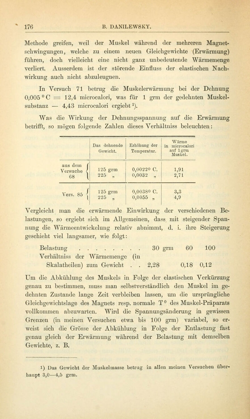 Methode greifen, weil der Muskel während der mehreren Magnet- schwingungen, welche zu einem neuen Gleichgewichte (Erwärmung) führen, doch vielleicht eine nicht ganz unbedeutende Wärmemenge verliert. Ausserdem ist der störende Einfluss der elastischen Nach- wirkung auch nicht abzuleugnen. In Versuch 71 betrug die Muskelerwärmung bei der Dehnung 0,005 ° C = 12,4 microcalori, was für 1 grm der gedehnten Muskel- substanz — 4,43 microcalori ergiebt *). Was die Wirkung der Dehnungsspannung auf die Erwärmung betrifft, so mögen folgende Zahlen dieses Verhältniss beleuchten: Das dehnende Gewicht. Erhöhung der Temperatur. Wärme in microcalori auf lgrm Muskel. aus dein (\ Versuche < 125 grm 68 \| 225 „ 0,00220 C. 0,0032 „ 1,91 2,71 Vers. 85 j 125 grm 225 „ 0,00380 C. 0,0055 „ 3,3 4,9 Vergleicht man die erwärmende Einwirkung der verschiedenen Be- lastungen, so ergiebt sich im Allgemeinen, dass mit steigender Span- nung die Wärmeentwickelung relativ abnimmt, d. i. ihre Steigerung geschieht viel langsamer, wie folgt: Belastung 30 grm 60 100 Verhältniss der Wärmemenge (in Skalatheilen) zum Gewicht . . 2,28 0,18 0,12 Um die Abkühlung des Muskels in Folge der elastischen Verkürzung genau zu bestimmen, muss man selbstverständlich den Muskel im ge- dehnten Zustande lange Zeit verbleiben lassen, um die ursprüngliche Gleichgewichtslage des Magnets resp. normale T ° des Muskel-Präparats vollkommen abzuwarten. Wird die Spannungsänderung in gewissen Grenzen (in meinen Versuchen etwa bis 100 grm) variabel, so er- weist sich die Grösse der Abkühlung in Folge der Entlastung fast genau gleich der Erwärmung während der Belastung mit demselben Gewichte, z. B. l) Das Gewicht der Muskelmasse betrug in allen meinen Versuchen über- haupt 3,0—4,5 grm.