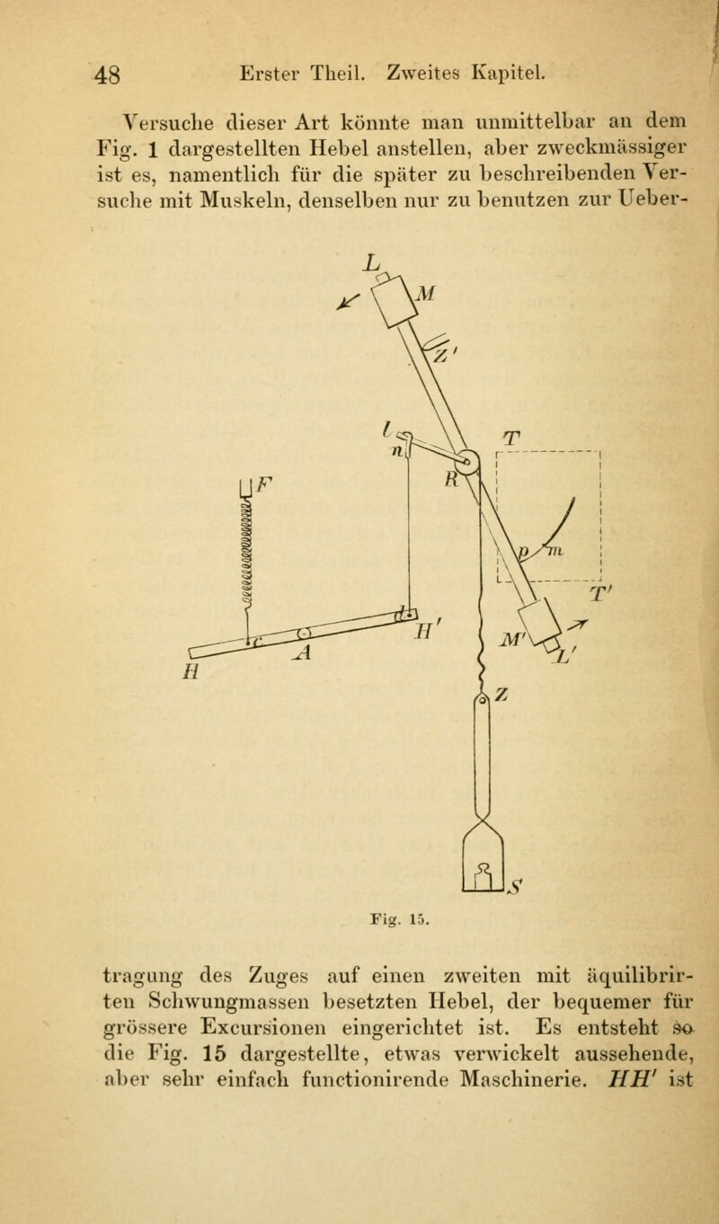 Versuche dieser Art könnte man unmittelbar an dem Fig. 1 dargestellten Hebel anstellen, aber zweckmässiger ist es, namentlich für die später zu beschreibenden Ver- suche mit Muskeln, denselben nur zu benutzen zur Ueber- Fig. 15. tragung des Zuges auf einen zweiten mit äquilibrir- ten Schwungmassen besetzten Hebel, der bequemer für grössere Excursionen eingerichtet ist. Es entsteht sa die Fig. 15 dargestellte, etwas verwickelt aussehende, aber sehr einfach functionirende Maschinerie. HH' ist