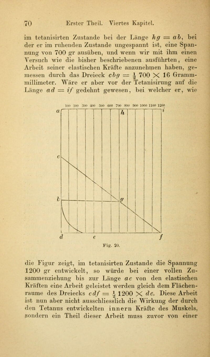 im tetanisirten Zustande bei der Länge hg = ab, bei der er im ruhenden Zustande ungespannt ist, eine Span- nung von 700 gr ausüben, und wenn wir mit ihm einen Versuch wie die bisher beschriebenen ausführten, eine Arbeit seiner elastischen Kräfte anzunehmen haben, ge- messen durch das Dreieck cbg == ^ 700 X 16 Gramm- millimeter. Wäre er aber vor der Tetanisirung auf die Länge ad = if gedehnt gewesen, bei welcher er, wie 100 200 300 400 500 600 700 800 900 1000 1100 1200 Fig. 20. die Figur zeigt, im tetanisirten Zustande die Spannung 1200 gr entwickelt, so würde bei einer vollen Zu- sammenziehung bis zur Länge ac von den elastischen Kräften eine Arbeit geleistet werden gleich dem Flächen- raume des Dreiecks cdf = \ 1200 X de. Diese Arbeit ist nun aber nicht ausschliesslich die Wirkung der durch den Tetanus entwickelten innern Kräfte des Muskels, sondern ein Theil dieser Arbeit muss zuvor von einer