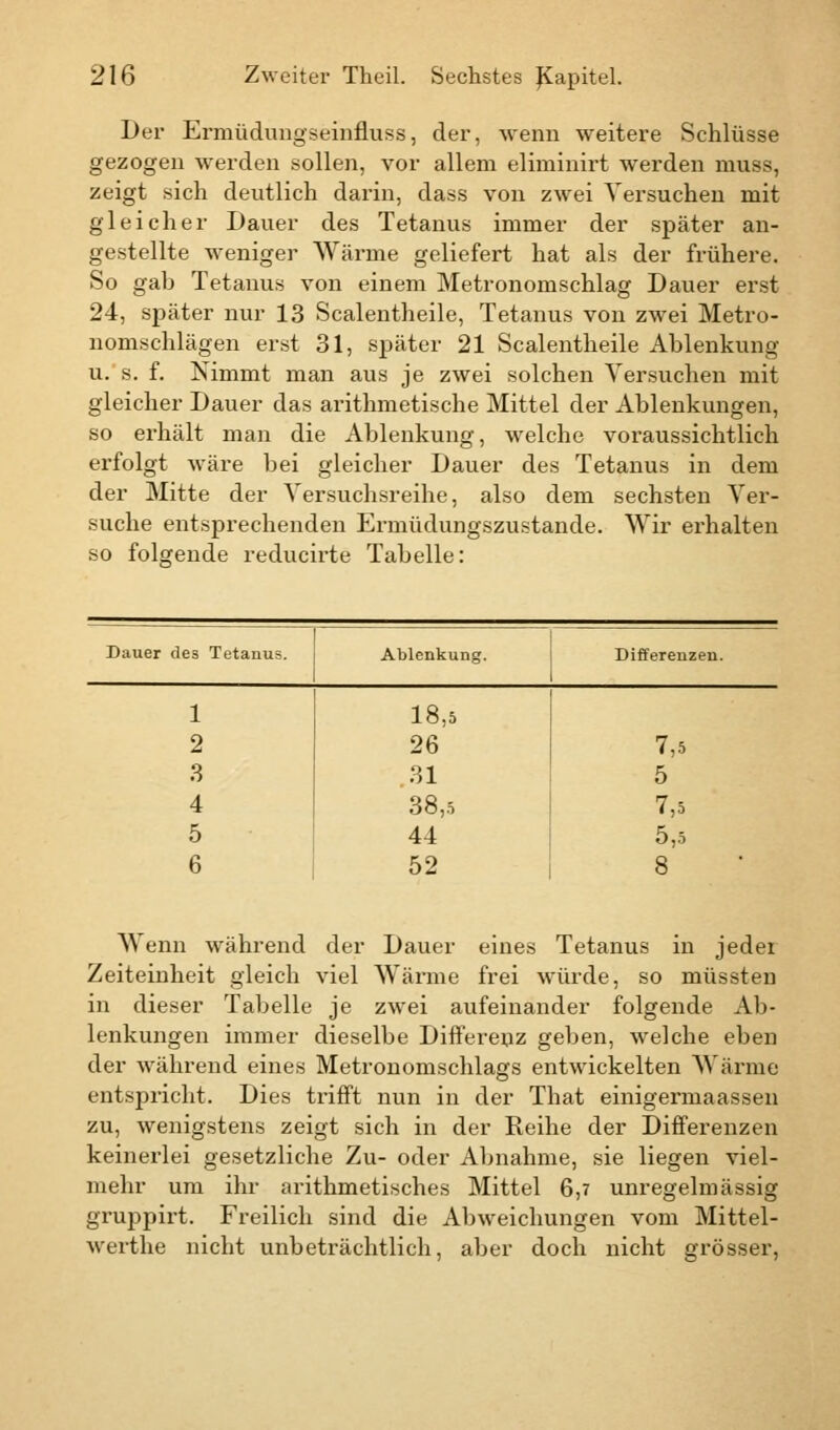 Der Ermüdungseinfluss, der, wenn weitere Schlüsse gezogen werden sollen, vor allem eliminirt werden muss, zeigt sich deutlich darin, dass von zwei Versuchen mit gleicher Dauer des Tetanus immer der später an- gestellte weniger Wärme geliefert hat als der frühere. So gab Tetanus von einem Metronomschlag Dauer erst 24, später nur 13 Scalentheile, Tetanus von zwei Metro- nomschlägen erst 31, später 21 Scalentheile Ablenkung u. s. f. Nimmt man aus je zwei solchen Versuchen mit gleicher Dauer das arithmetische Mittel der Ablenkungen, so erhält man die Ablenkung, welche voraussichtlich erfolgt wäre bei gleicher Dauer des Tetanus in dem der Mitte der Versuchsreihe, also dem sechsten Ver- suche entsprechenden Ermüdungszustande. Wir erhalten so folgende reducirte Tabelle: Dauer des Tetanus. Ablenkung. Dif erenzen. 1 18,5 2 26 7,5 3 31 5 4 38,5 7,5 5 44 5,5 6 52 8 W enn während der Dauer eines Tetanus in jeder Zeiteinheit gleich viel Wärme frei würde, so müssten in dieser Tabelle je zwei aufeinander folgende Ab- lenkungen immer dieselbe Differenz geben, welche eben der während eines Metronomschlags entwickelten Wärme entspricht. Dies trifft nun in der That einigermaassen zu, wenigstens zeigt sich in der Reihe der Differenzen keinerlei gesetzliche Zu- oder Abnahme, sie liegen viel- mehr um ihr arithmetisches Mittel 6,7 unregelmässig gruppirt. Freilich sind die Abweichungen vom Mittel- werthe nicht unbeträchtlich, aber doch nicht grösser,