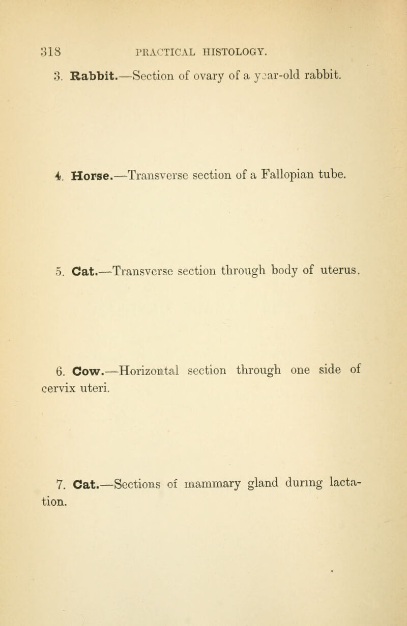 3. Rabbit.—Section of ovary of a yoar-old rabbit. 4. Horse.—Transverse section of a Fallopian tube. 5. Cat.—Transverse section through body of uterus, 6. Cow.—Horizontal section through one side of cervix uteri. 7. Cat.—Sections oi mammary gland during lacta- tion.