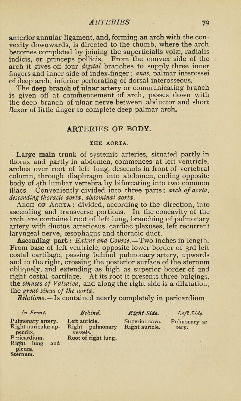 anterior annular ligament, and, forming an arch with the con- vexity downwards, is directed to the thumb, where the arch becomes completed by joining the superficialis volse, radialis indicis, or princeps pollicis. From the convex side of the arch it gives off four digital branches to supply three inner fingers and inner side of index-finger; anas, palmar interossei of deep arch, inferior perforating of dorsal interosseous. The deep branch of ulnar artery or communicating branch is given off at commencement of arch, passes down with the deep branch of ulnar nerve between abductor and short flexor of little finger to complete deep palmar arch. ARTERIES OF BODY. THE AORTA. Large main trunk of systemic arteries, situated partly in thorax and partly in abdomen, commences at left ventricle, arches over root of left lung, descends in front of vertebral column, through diaphragm into abdomen, ending opposite body of 4th lumbar vertebra by bifurcating into two common iliacs. Conveniently divided into three parts: arch of aorta, descending thoracic aorta, abdominal aorta. Arch of Aorta : divided, according to the direction, into ascending and transverse portions. In the concavity of the arch are contained root of left lung, branching of pulmonary artery with ductus arteriosus, cardiac plexuses, left recurrent laryngeal nerve, oesophagus and thoracic duct. Ascending part: Extent and Course.—Two inches in length. From base of left ventricle, opposite lower border of 3rd left costal cartilage, passing behind pulmonary artery, upwards and to the right, crossing the posterior surface of the sternum obliquely, and extending as high as superior border of 2nd right costal cartilage. At its root it presents three bulgings, the sinuses of Valsalva, and along the right side is a dilatation, the great sinus of the aorta. Relations.—Is contained nearly completely in pericardium. In Front. Behind. Right Side. Left Side. Pulmonary artery. Left auricle. Superior cava. Pulmonary ar Right auricular ap- Right pulmonary Right auricle. tery. pendix. vessels. Pericardium. Root of right lung. Right lung and pleura. Sternum.