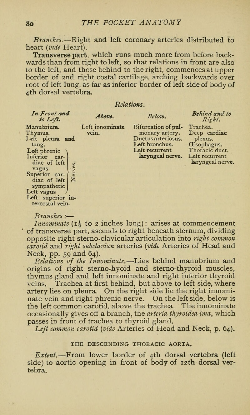 Branches.—Right and left coronary arteries distributed to heart {vide Heart). Transverse part, which runs much more from before back- wards than from right to left, so that relations in front are also to the left, and those behind to the right, commences at upper border of 2nd right costal cartilage, arching backwards over root of left lung, as far as inferior border of left side of body of 4th dorsal vertebra. Relations. Above. Left innominate Below. Behind and to Right. Trachea. Deep cardiac plexus. OEsophagus. Thoracic duct. Left recurrent laryngeal nerve. In Front and to Left. Manubrium. Left innominate Bifurcation of ptil- Thymus. vein. monary artery. Left pleura and Ductus arteriosus, lung. Left bronchus. Left phrenic \ Left recurrent Inferior car- laryngeal nerve, diac of left vagus Superior car- diac of left sympathetic Left vagus / Left superior in- tercostal vein. Branches:— Innominate (ij to 2 inches long): arises at commencement of transverse part, ascends to right beneath sternum, dividing opposite right sterno-clavicular articulation into right common carotid and right subclavian arteries {vide Arteries of Head and Neck, pp. 59 and 64). Relations of the Innominate.—Lies behind manubrium and origins of right sterno-hyoid and sterno-thyroid muscles, thymus gland and left innominate and right inferior thyroid veins. Trachea at first behind, but above to left side, where artery lies on pleura. On the right side lie the right innomi- nate vein and right phrenic nerve. On the left side, below is the left common carotid, above the trachea. The innominate occasionally gives off a branch, the arteria thyroidea ima, which passes in front of trachea to thyroid gland. Left common carotid {vide Arteries of Head and Neck, p. 64). THE DESCENDING THORACIC AORTA. Extent.—From lower border of 4th dorsal vertebra (left side) to aortic opening in front of body of 12th dorsal ver- tebra.