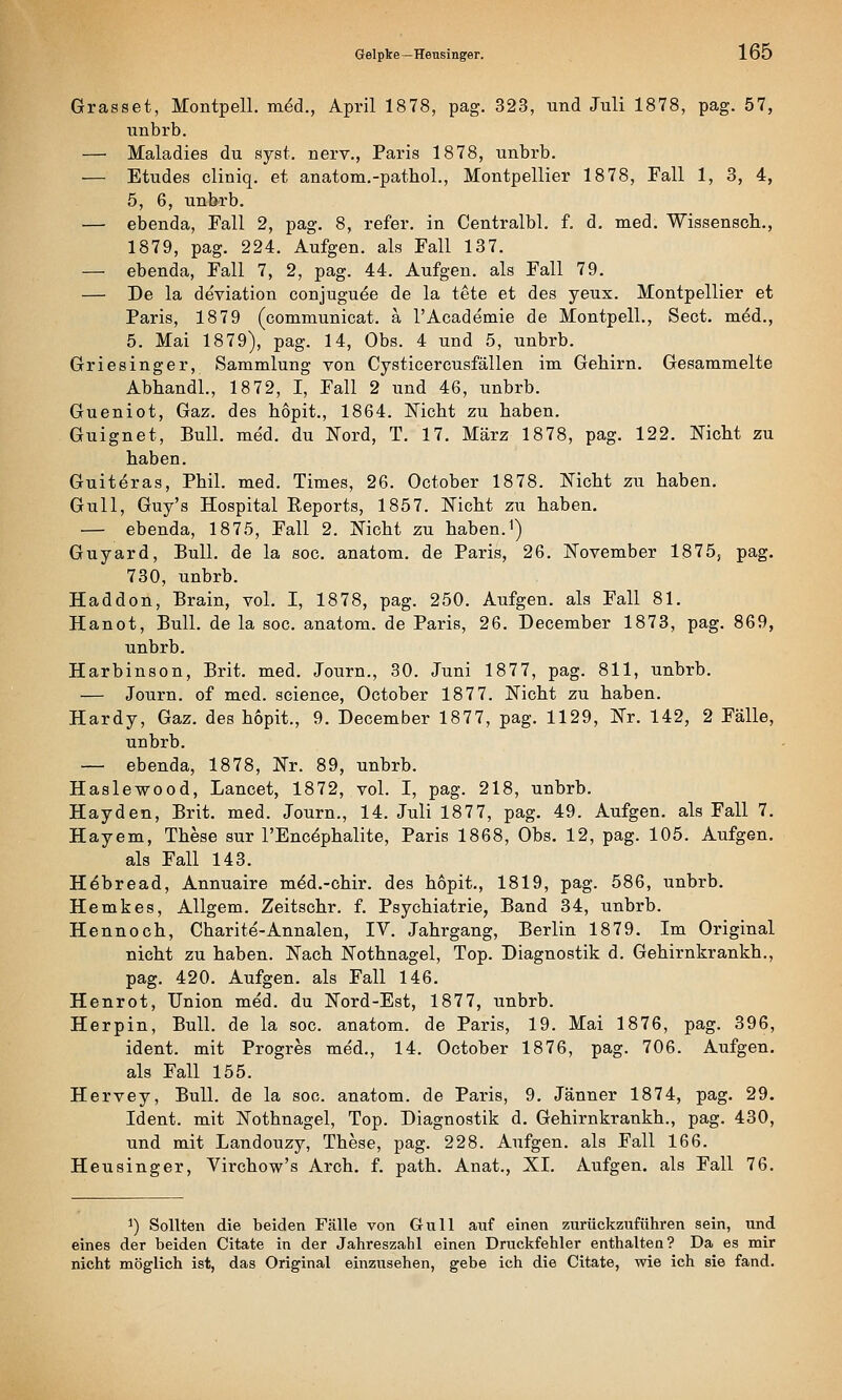 Grasset, Montpell. m6d., April 1878, pag. 323, und Juli 1878, pag. 57, unbrb. — Maladies du syst, nerv., Paris 1878, unbrb. — Etudes cliniq. et anatom.-pathol., Montpellier 1878, Fall 1, 3, 4, 5, 6, unbrb, — ebenda, Fall 2, pag. 8, refer. in Centralbl. f. d. med. Wissensch., 1879, pag. 224. Aufgen. als Fall 137. — ebenda, Fall 7, 2, pag. 44. Aufgen. als Fall 79. — De la deviation conjugu^e de la tete et des yeux. Montpellier et Paris, 1879 (communicat. a l'Academie de Montpell., Sect. m^d., 5. Mai 1879), pag. 14, Obs. 4 und 5, unbrb. Griesinger, Sammlung von Cysticercusfällen im Gehirn. Gesammelte Abhandl., 1872, I, Fall 2 und 46, unbrb. Gueniot, Gaz. des hopit., 1864. ISTicht zu haben. Guignet, Bull. med. du Nord, T. 17. März 1878, pag. 122. Nicht zu haben. Guit^ras, Phil. med. Times, 26. October 1878. Mcht zu haben. Gull, Guy's Hospital Reports, 1857. Nicht zu haben. — ebenda, 1875, Fall 2. Nicht zu haben.i) Guyard, Bull, de la soc. anatom. de Paris, 26. November 1875, pag. 730, unbrb. Haddon, Brain, vol. I, 1878, pag. 250. Aufgen. als Fall 81. Hanot, Bull, de la soc. anatom. de Paris, 26. December 1873, pag. 869, unbrb. Harbinson, Brit. med. Journ., 30. Juni 1877, pag. 811, unbrb. — Journ. of med. science, October 1877. Nicht zu haben. Hardy, Gaz, des hopit., 9. December 1877, pag. 1129, Nr. 142, 2 Fälle, unbrb, — ebenda, 1878, Nr. 89, unbrb. Haslewood, Lancet, 1872, vol. I, pag. 218, unbrb. Hayden, Brit. med. Journ., 14. Juli 1877, pag. 49. Aufgen. als Fall 7. Hayem, These sur l'Enc^phalite, Paris 1868, Obs. 12, pag. 105. Aufgen, als Fall 143. H obre ad, Annuaire m^d.-chir. des hopit., 1819, pag. 586, unbrb. Hemkes, Allgem. Zeitschr. f. Psychiatrie, Band 34, unbrb. Hennoch, Charite-Annalen, IV. Jahrgang, Berlin 1879. Im Original nicht zu haben. Nach Nothnagel, Top. Diagnostik d. Gehirnkrankh., pag. 420. Aufgen. als Fall 146, Henrot, Union med. du Nord-Est, 1877, unbrb. Herpin, Bull, de la soc. anatom. de Paris, 19. Mai 1876, pag. 396, ident. mit Progres med., 14. October 1876, pag. 706. Aufgen, als Fall 155. Hervey, Bull, de la soc. anatom. de Paris, 9. Jänner 1874, pag. 29. Ident. mit Nothnagel, Top. Diagnostik d. Gehirnkrankh., pag. 430, und mit Landouzy, These, pag. 228. Aufgen. als Fall 166. Heusinger, Virchow's Arch, f, path. Anat., XI. Aufgen, als Fall 76. 1) Sollten die beiden Fälle von Gull auf einen zurückzuführen sein, und eines der beiden Citate in der Jahreszahl einen Druckfehler enthalten? Da es mir nicht möglich ist, das Original einzusehen, gebe ich die Citate, wie ich sie fand.