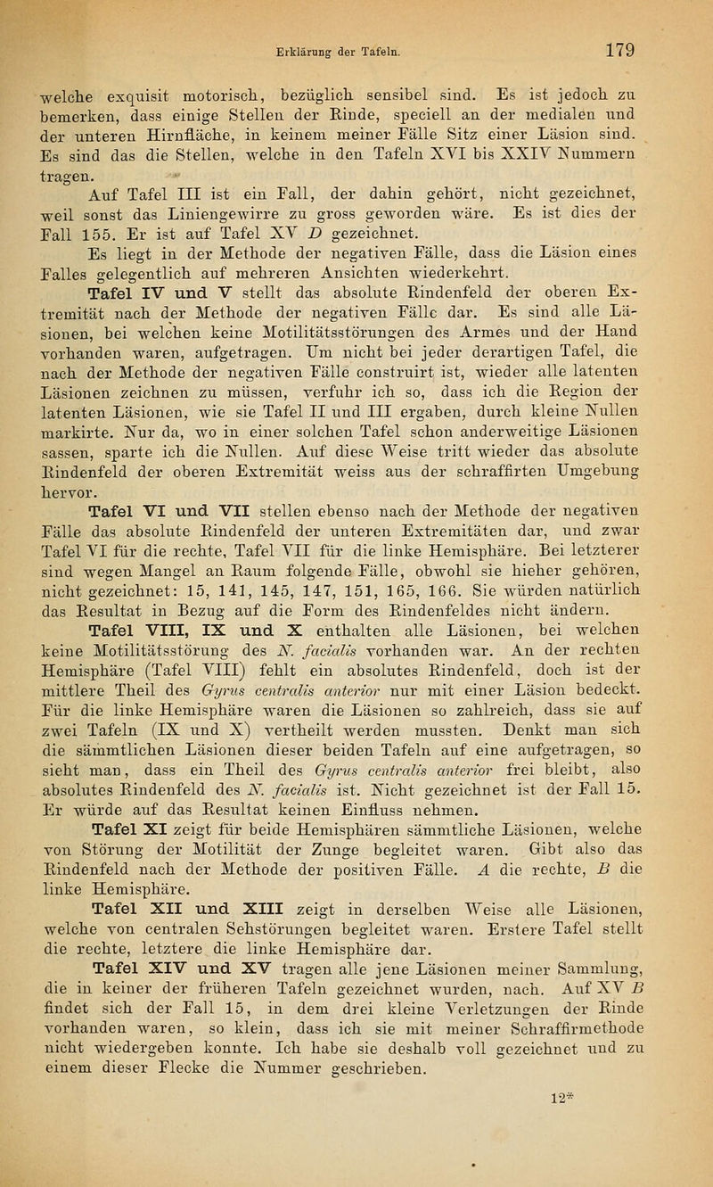 welche exquisit motorisch, bezüglich sensibel sind. Es ist jedoch zu bemerken, dass einige Stellen der Rinde, speciell an der medialen und der unteren Hirnfläche, in keinem meiner Fälle Sitz einer Läsion sind. Es sind das die Stellen, welche in den Tafeln XVI bis XXIV Nummern tragen. Auf Tafel III ist ein Fall, der dahin gehört, nicht gezeichnet, weil sonst das Liniengewirre zu gross geworden wäre. Es ist dies der Fall 155. Er ist auf Tafel XV D gezeichnet. Es liegt in der Methode der negativen Fälle, dass die Läsion eines Falles gelegentlich auf mehreren Ansichten wiederkehrt. Tafel IV und V stellt das absolute Rindenfeld der oberen Ex- tremität nach der Methode der negativen Fälle dar. Es sind alle Lä- sionen, bei welchen keine Motilitätsstörungen des Armes und der Hand vorhanden waren, aufgetragen. IJm nicht bei jeder derartigen Tafel, die nach der Methode der negativen Fälle construirt ist, wieder alle latenten Läsionen zeichnen zu müssen, verfuhr ich so, dass ich die Region der latenten Läsionen, wie sie Tafel II und III ergaben, durch kleine Nullen markirte. Nur da, wo in einer solchen Tafel schon anderweitige Läsionen sassen, sparte ich die Niillen. Auf diese Weise tritt wieder das absolute Rindenfeld der oberen Extremität weiss aus der schraffirten Umgebung hervor. Tafel VI und VII stellen ebenso nach der Methode der negativen Fälle das absolute Rindenfeld der unteren Extremitäten dar, und zwar Tafel VI für die rechte, Tafel VII für die linke Hemisphäre. Bei letzterer sind wegen Mangel an Raum folgende Fälle, obwohl sie hieher gehören, nicht gezeichnet: 15, 141, 145, 147, 151, 165, 166. Sie würden natürlich das Resultat in Bezug auf die Form des Rindenfeldes nicht ändern. Tafel VIII, IX und X enthalten alle Läsionen, bei welchen keine Motilitätsstörung des N. facialis vorhanden war. An der rechten Hemisphäre (Tafel VIII) fehlt ein absolutes Rindenfeld, doch ist der mittlere Theil des Gyrus centralis anterior nur mit einer Läsion bedeckt. Für die linke Hemisphäre waren die Läsionen so zahlreich, dass sie auf zwei Tafeln (IX und X) vertheilt werden mussten. Denkt man sich die sämmtlichen Läsionen dieser beiden Tafeln auf eine aufgetragen, so sieht man, dass ein Theil des Gyrus centralis anterior frei bleibt, also absolutes Rindenfeld des N. facialis ist. Nicht gezeichnet ist der Fall 15, Er würde auf das Resultat keinen Einfluss nehmen. Tafel XI zeigt für beide Hemisphären sämmtliche Läsionen, welche von Störung der Motilität der Zunge begleitet waren. Gibt also das Rindenfeld nach der Methode der positiven Fälle. A die rechte, B die linke Hemisphäre. Tafel XII und XIII zeigt in derselben Weise alle Läsioneu, welche von centralen Sehstörungen begleitet waren. Erstere Tafel stellt die rechte, letztere die linke Hemisphäre d-ar. Tafel XIV und XV tragen alle jene Läsionen meiner Sammlung, die in keiner der früheren Tafeln gezeichnet wurden, nach. Auf XV B findet sich der Fall 15, in dem drei kleine Verletzungen der Rinde vorhanden waren, so klein, dass ich sie mit meiner Schraffirmethode nicht wiedergeben konnte. Ich habe sie deshalb voll gezeichnet iiud zu einem dieser Flecke die Nummer geschrieben. 12*