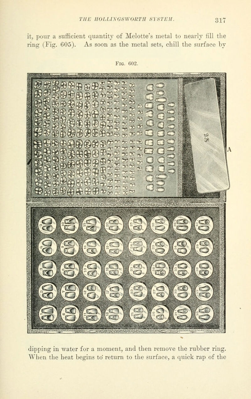 it, pour a sufficient quantity of Melotte's metal to nearly fill the ring (Fig. 605). As soon as the metal sets, chill the surface by Fig. 602. mm ®£ !MJ §5 G -— ' dipping in water for a moment, and then remove the rubber ring. When the heat begins to return to the surface, a quick rap of the