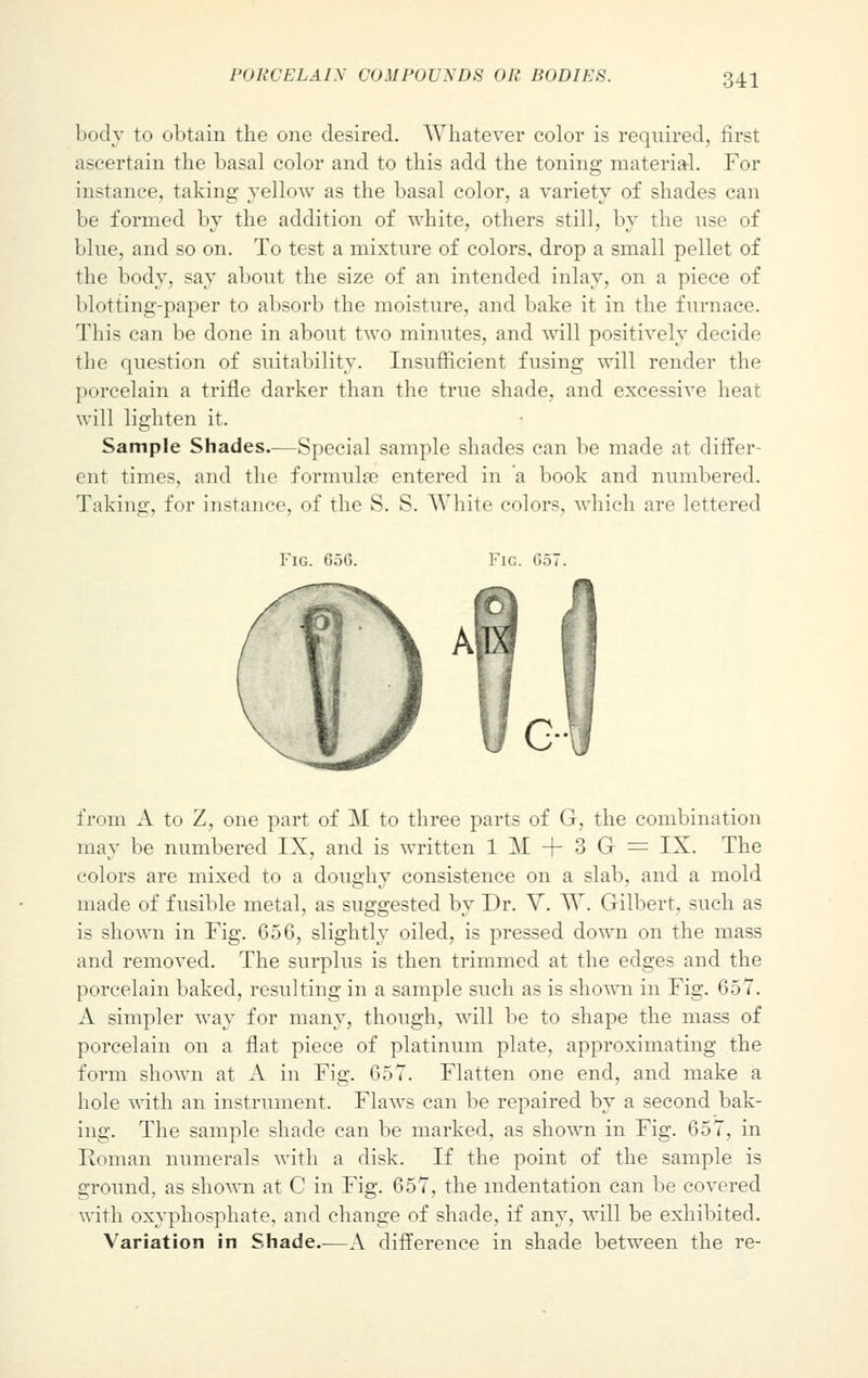 body to obtain the one desired. Whatever color is required, first ascertain the basal color and to this add the toning material. For instance, taking yellow as the basal color, a variety of shades can be formed by the addition of white, others still, by the use of blue, and so on. To test a mixture of colors, drop a small pellet of the body, say about the size of an intended inlay, on a piece of blotting-paper to absorb the moisture, and bake it in the furnace. This can be done in about two minutes, and will positively decide the question of suitability. Insufficient fusing will render the porcelain a trifle darker than the true shade, and excessive heat will lighten it. Sample Shades.—Special sample shades can be made at differ- ent times, and the formula? entered in a book and numbered. Taking, for instance, of the S. S. White colors, which are lettered Fig. 656. Fig. 657. from A to Z, one part of M to three parts of G, the combination may be numbered IX, and is written 1 M + 3 G = IX. The colors are mixed to a doughy consistence on a slab, and a mold made of fusible metal, as suggested by Dr. V. W. Gilbert, such as is shown in Fig. 656, slightly oiled, is pressed down on the mass and removed. The surplus is then trimmed at the edges and the porcelain baked, resulting in a sample such as is shown in Fig. 657. A simpler way for many, though, will be to shape the mass of porcelain on a flat piece of platinum plate, approximating the form shown at A in Fig. 657. Flatten one end, and make a hole with an instrument. Flaws can be repaired by a second bak- ing. The sample shade can be marked, as shown in Fig. 657, in Roman numerals with a disk. If the point of the sample is ground, as shown at C in Fig. 657, the indentation can be covered with oxyphosphate, and change of shade, if any, will be exhibited. Variation in Shade.—A difference in shade between the re-