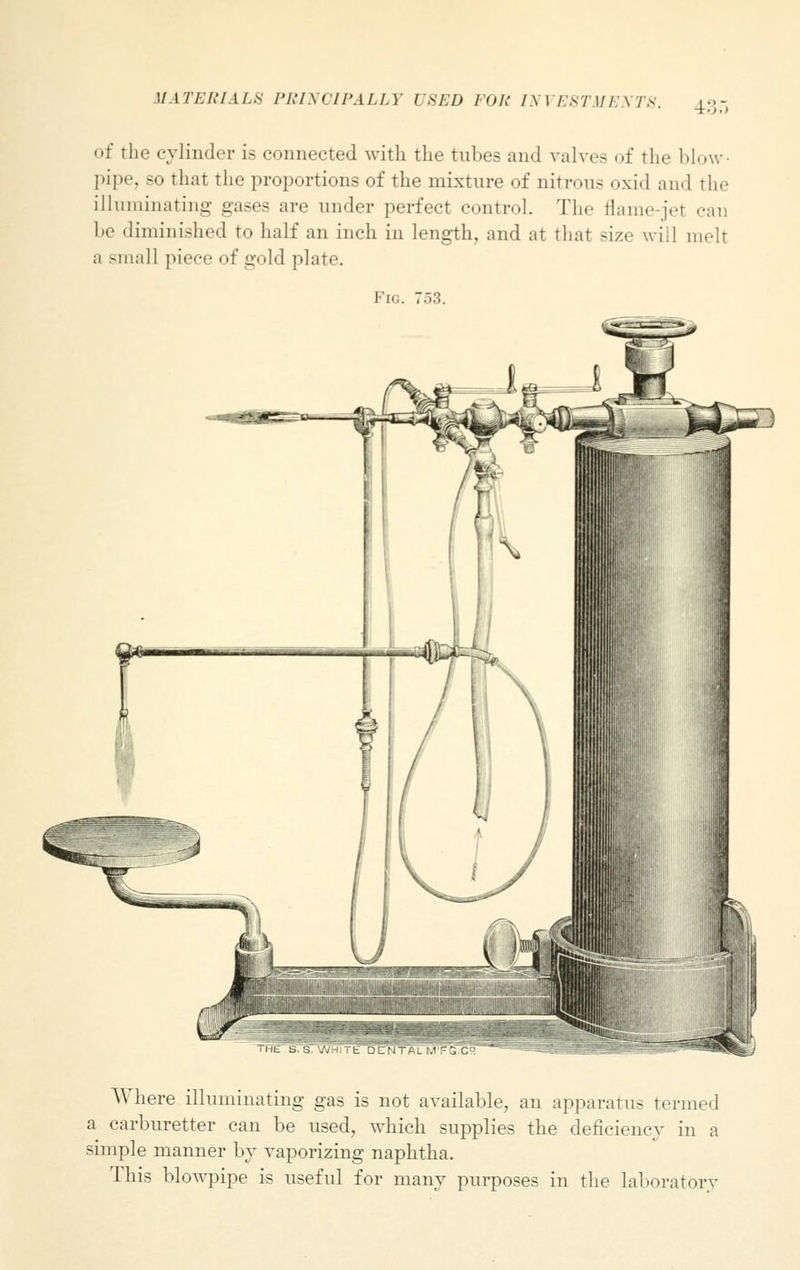 of the cylinder is connected with the tubes and valves of the blow- pipe, so that the proportions of the mixture of nitrous oxid and the illuminating gases are under perfect control. The flame-jet can l»e diminished to half an inch in length, and at that size will melt a small piece of gold plate. I'n.. 753. Where illuminating gas is not available, an apparatus termed a carburetter can be used, which supplies the deficiency in a simple manner by vaporizing naphtha. This blowpipe is useful for many purposes in the laboratory