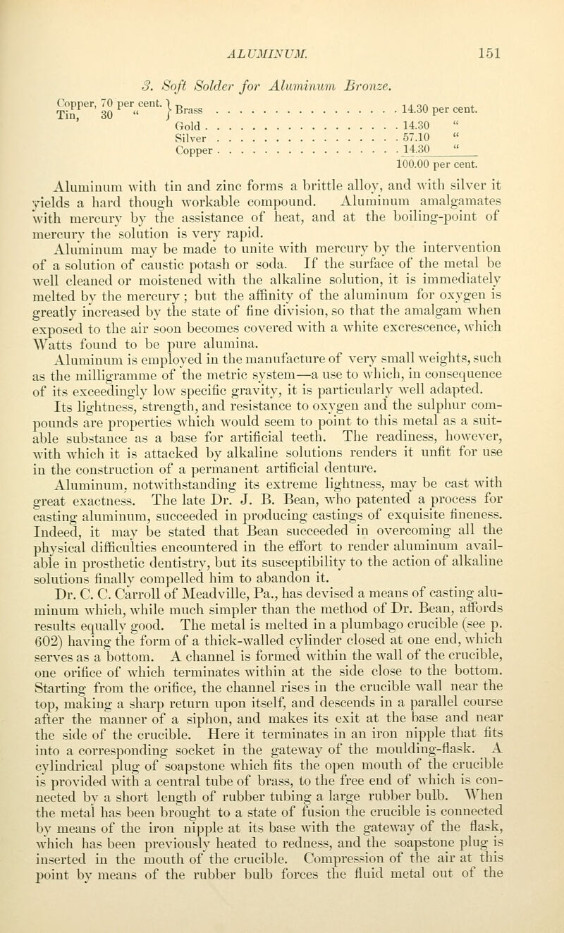 S. Soft Solder fo7' Aluminum Bronze. per ceni Tin,* 30 Copper, 70 per cent. I ^^^^^ 14.30 per cent. Gold 14.30 Silver 57.10  Copper 14.30 100.00 per cent. Aluminum with tin and zinc forms a brittle alloy, and with silver it yields a hard though workable compound. Aluminum amalgamates with mercury by the assistance of heat, and at the boiling-point of mercury the solution is very rapid. Aluminum may be made to unite with mercury by the intervention of a solution of caustic potash or soda. If the surface of the metal be w-ell cleaned or moistened with the alkaline solution, it is immediately melted by the mercury ; but the affinity of the aluminum for oxygen is greatly increased by the state of fine division, so that the amalgam when exposed to the air soon becomes covered w^ith a white excrescence, which Watts found to be pure alumina. Aluminum is employed in the manufacture of very small weights, such as the milligramme of the metric system—a use to which, in consequence of its exceedingly low specific gravity, it is particularly W'Cll adapted. Its lightness, strength, and resistance to oxygen and the sulphur com- pounds are properties wdiich Avould seem to point to this metal as a suit- able substance as a base for artificial teeth. The readiness, however, with which it is attacked by alkaline solutions renders it unfit for use in the construction of a permanent artificial denture. Aluminum, notwithstanding its extreme lightness, may be cast with great exactness. The late Dr. J. B. Bean, Avho patented a process for casting aluminum, succeeded in producing castings of exquisite fineness. Indeed, it may be stated that Bean succeeded in overcoming all the physical difficulties encountered in the effiart to render aluminum avail- able in prosthetic dentistry, but its susceptibility to the action of alkaline solutions finally compelled him to abandon it. Dr. C. C. Carroll of Meadville, Pa., has devised a means of casting alu- minum which, wdiile much simpler than the method of Dr. Bean, affords results equally good. The metal is melted in a plumbago crucible (see p. 602) having the form of a thick-walled cylinder closed at one end, which serves as a bottom. A channel is formed within the wall of the crucible, one orifice of which terminates within at the side close to the bottom. Starting from the orifice, the channel rises in the crucible Avail near the top, making a sharp return upon itself, and descends in a parallel course after the manner of a siphon, and makes its exit at the base and near the side of the crucible. Here it terminates in an iron nipple that fits into a corresponding socket in the gateway of the moulding-flask. A cylindrical plug of soapstone which fits the open mouth of the crucible is provided with a central tube of brass, to the free end of which is con- nected by a short length of rubber tubing a large rubber bulb. AAHien the metal has been brought to a state of fuision the crucible is connected by means of the iron nipple at its base w'ith the gateway of the flask, Avhich has been previously heated to redness, and the soapstone plug is inserted in the mouth of the crucible. Compression of the air at this point by means of the rubber bulb forces the fluid metal out of the