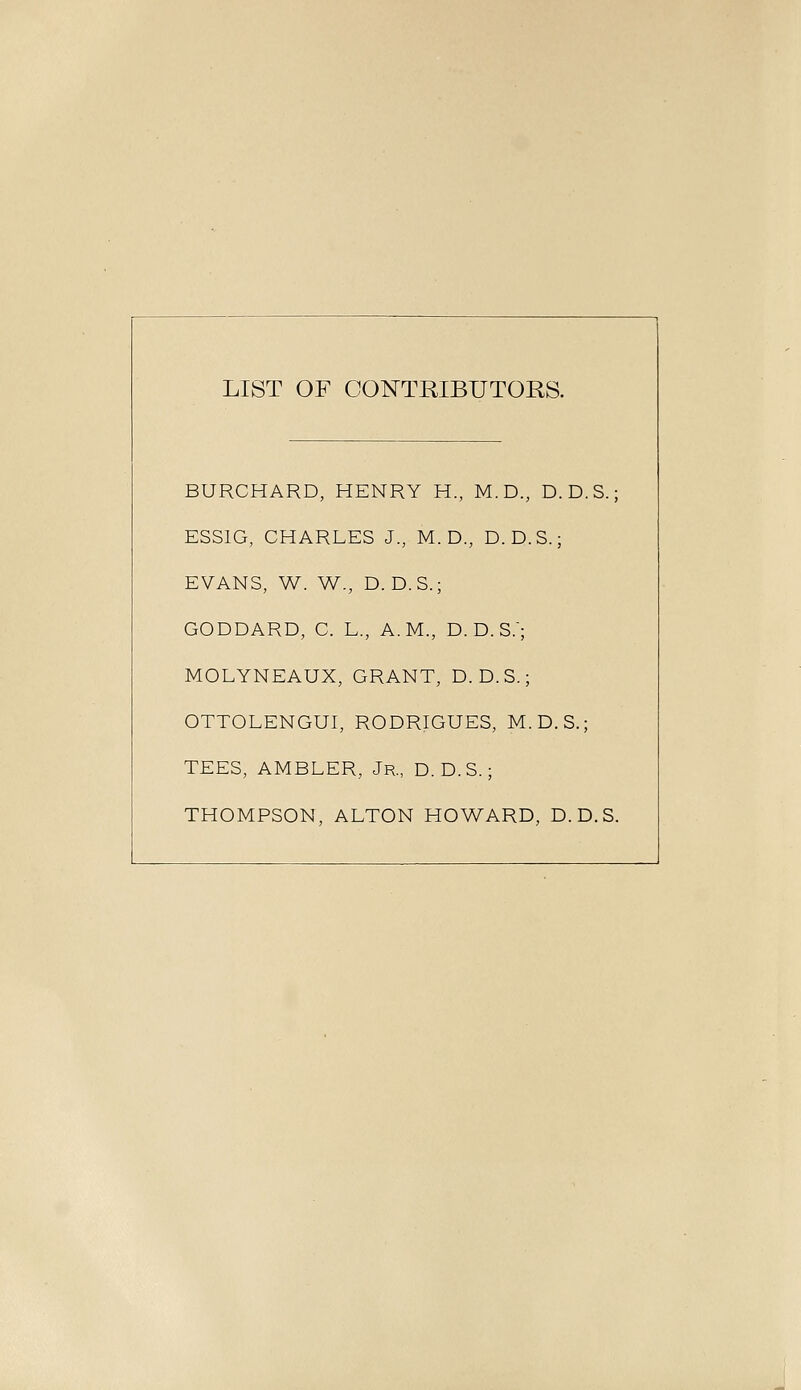 BURCHARD, HENRY H., M.D., D. D.S.; ESSIG, CHARLES J., M. D., D.D.S.; EVANS, W. W., D. D.S.; GODDARD, C. L., A.M., D. D. S.; MOLYNEAUX, GRANT, D. D.S.; OTTOLENGUI, RODRIGUES, M.D.S.; TEES, AMBLER, Jr., D.D.S. ; THOMPSON, ALTON HOWARD, D.D.S.