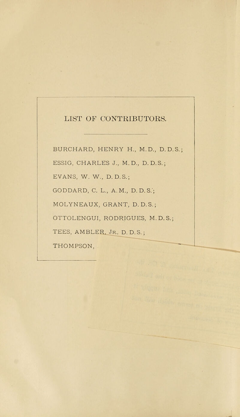 BURCHARD, HENRY H., M.D., D.D.S.; ESSIG, CHARLES J., M. D., D.D.S.; EVANS, W. W., D. D.S.; GODDARD, C. L., A.M., D.D.S.'; MOLYNEAUX, GRANT, D.D.S.; OTTOLENGUI, RODRIGUES, M.D.S.; TEES, AMBLER, Jr., D.D.S.; THOMPSON,