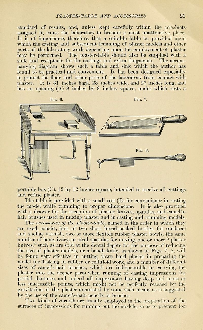 standard of results, and, unless kept carefully within the precincts assigned it, cause the laboratory to become a most unattractive place. It is of importance, therefore, that a suitable table be provided upon which the casting and subsequent trimming of plaster models and other parts of the laboratory work depending upon the employment of plaster may be performed. The plaster-table should also be supplied with a sink and receptacle for the cuttings and refuse fragments. The accom- panying diagram shows such a table and sink which the author has found to be practical and convenient. It has been designed especially to protect the floor and other parts of the laboratory from contact with plaster. It is 31 inches high, 23 inches wide, and 27 inches long, and has an opening (A) 8 inches by 8 inches square, under which rests a Fig. 6. Fig. 7. portable box (C), 12 by 12 inches square, intended to receive all cuttings and refuse plaster. The table is provided with a small rest (B) for convenience in resting the model while trimming to proper dimensions. It is also provided with a drawer for the reception of plaster knives, spatulas, and camel's- hair brushes used in mixing plaster and in casting and trimming models. The accessories of the plaster-table, named in the order in which they are used, consist, first, of two short broad-necked bottles, for sandarac and shellac varnish, two or more flexible rubber plaster bowls, the same number of bone, ivory, or steel spatulas for mixing, one or more  plaster knives, such as are sold at the dental depots for the purpose of reducing the size of plaster models, or a bench-knife, as shown in Figs. 7, 8, will be found very effective in cutting down hard plaster in preparing the model for flasking in rubber or celluloid work, and a number of different sizes of camel's-hair brushes, which are indispensable in carrying the plaster into the deeper parts when running or casting impressions for partial dentures, and indeed all impressions having deep and more or less inaccessible points, which might not be perfectly reached by the gravitation of the plaster unassisted by some such means as is suggested by the use of the camel's-hair pencils or brushes. Two kinds of varnish are usually employed in the preparation of the surfaces of impressions for running out the models^ so as to prevent too