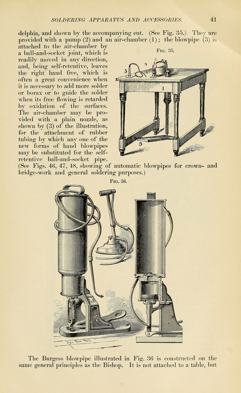 Fig. 35. delphia, and shown by the accompanying cut. (See Fig. 35.) They are provided with a pump (2) and an air-chamber (1); the blowpipe (3) is attached to the air-chamber by a ball-and-socket joint, which is readily moved in any direction, and, being self-retentive, leaves the right hand free, which is often a great convenience when it is necessary to add more solder or borax or to guide the solder when its free flowing is retarded by oxidation of the surfaces. The air-chamber may be pro- vided with a plain nozzle, as shown by (3) of the illustration, for the attachment of rubber tubing by which any one of the new forms of hand blowpipes may be substituted for the self- retentive ball-and-socket pipe. (See Figs. 46, 47, 48, showing of automatic blowpipes for crown- and bridge-work and general soldering purposes.) Fig. 36. The Burgess blowpipe illustrated in Fig. 36 is constructed on the same general principles as the Bishop. It is not attached to a table, but