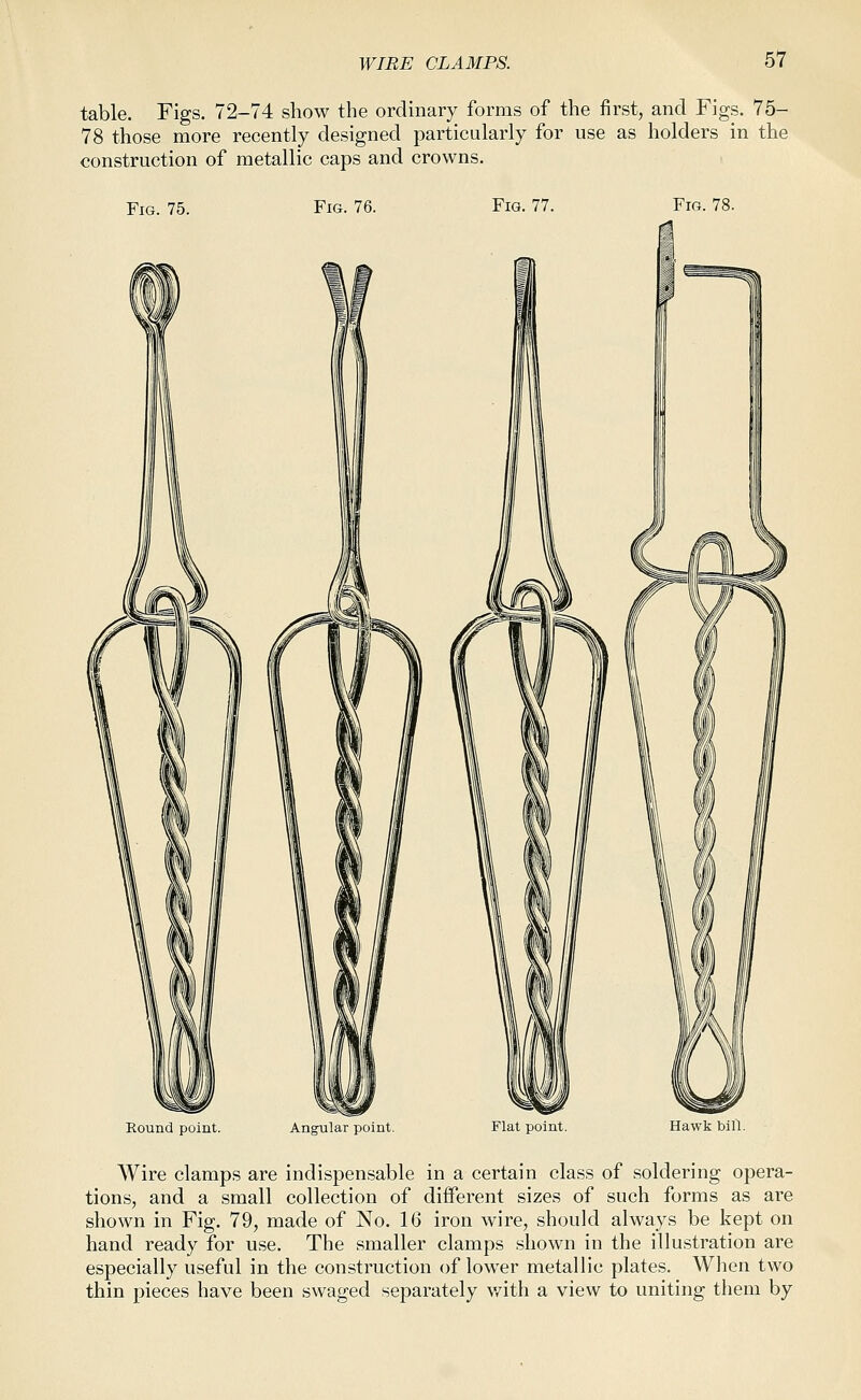 table. Figs. 72-74 show the ordinary forms of the first, and Figs. 75- 78 those more recently designed particularly for use as holders in the construction of metallic caps and crowns. Fig. 75. Fig. 76. Fig. 77. Fig. 78. Round point. Angular point. Flat point. Hawk bill. Wire clamps are indispensable in a certain class of soldering opera- tions, and a small collection of different sizes of such forms as are shown in Fig. 79, made of No. 16 iron wire, should always be kept on hand ready for use. The smaller clamps shown in the illustration are especially useful in the construction of lower metallic plates. When two thin pieces have been swaged separately v/ith a view to uniting them by